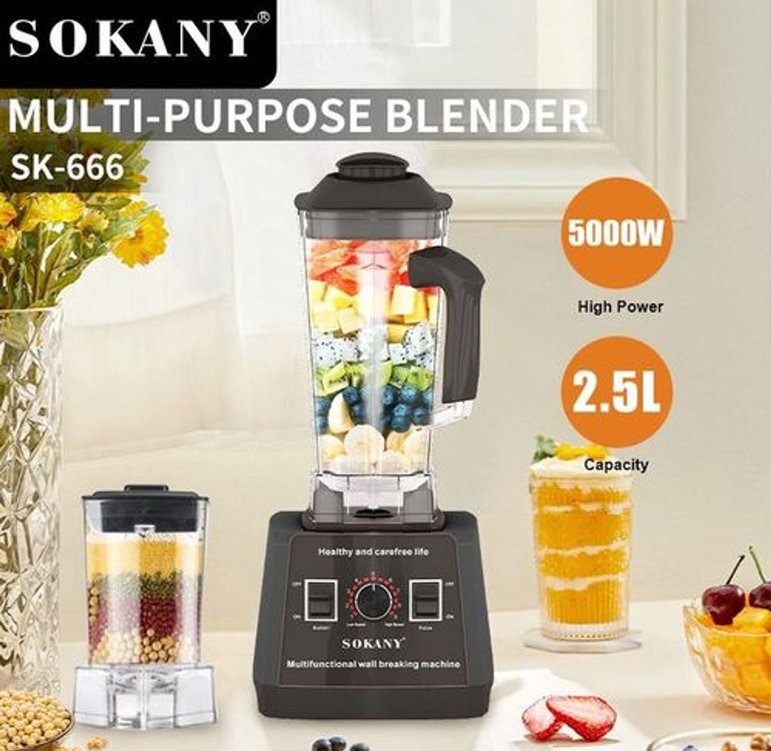 Sokany 5000Watts- 2 In 1 Heavy Duty Commercial Juicer Blender With Grinder 2.5LTRS.RECOMMENDED image