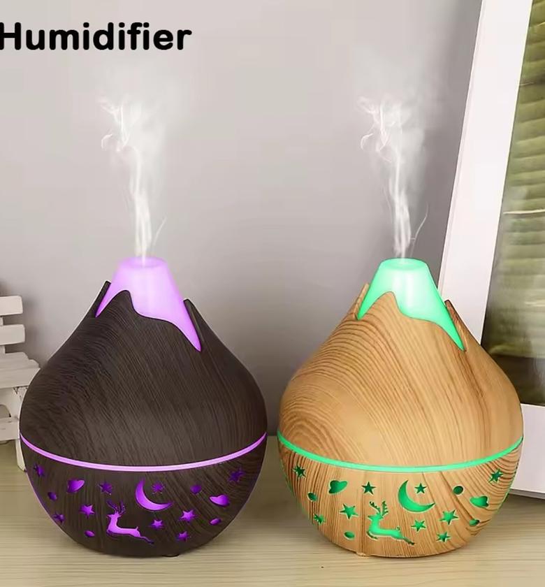 200ml Volcano Wood Grain Air Humidifier & Essential Oil Diffuser with LED Nightlight Color Changing Projector for Office Home Bedroom image