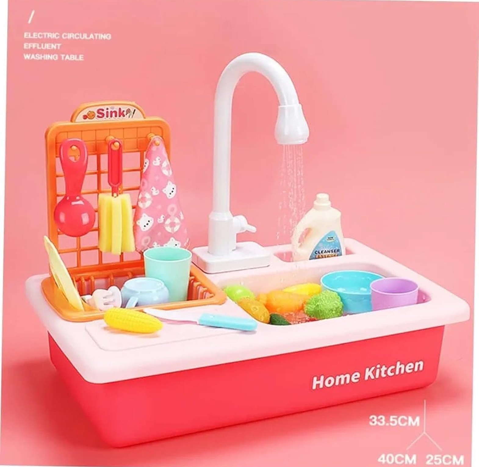 Play Kitchen Sink Toy Set, Play Sink with Running, Kitchen Utensils, Role Play Toy, Kitchen Accessories Pretend Role Playset for Toddlers Children Girls (Pink) image