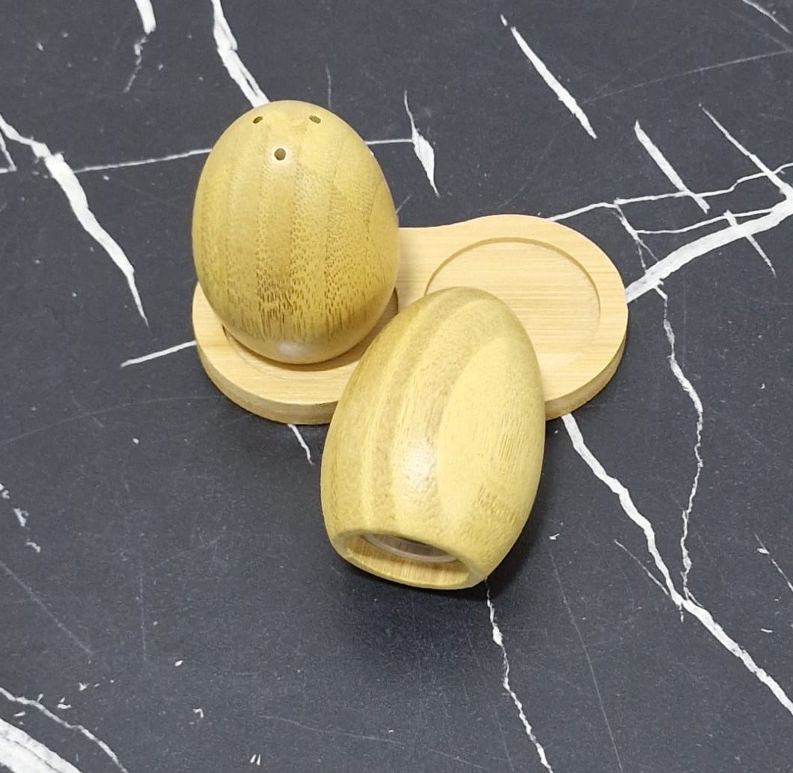 Aesthetic Bamboo Egg-Shaped Salt & Pepper Shaker Set (3 Pieces) with Wooden Tray image