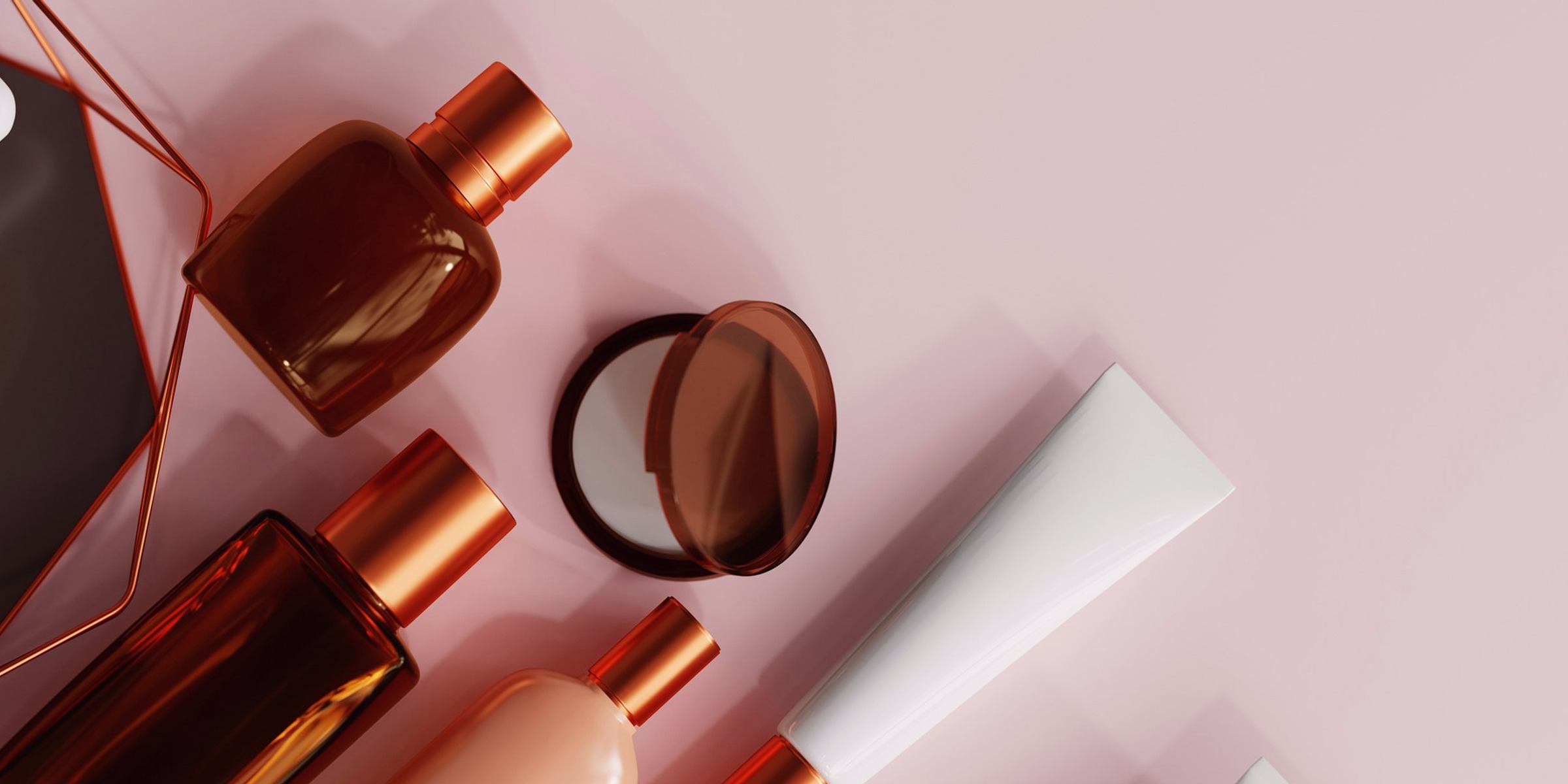 Abby Glow skincare and beauty essentials on a soft pink background