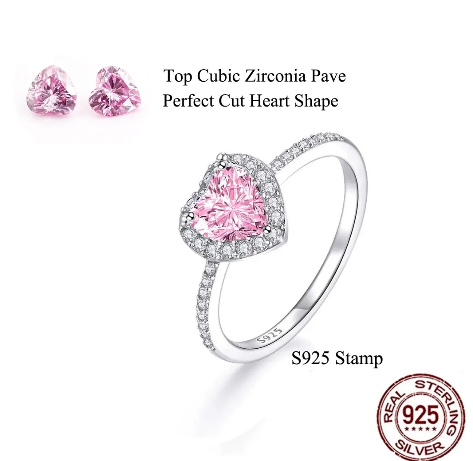 Pink Heart Romantic Engagement Proposal Promise Sterling Silver Ring image