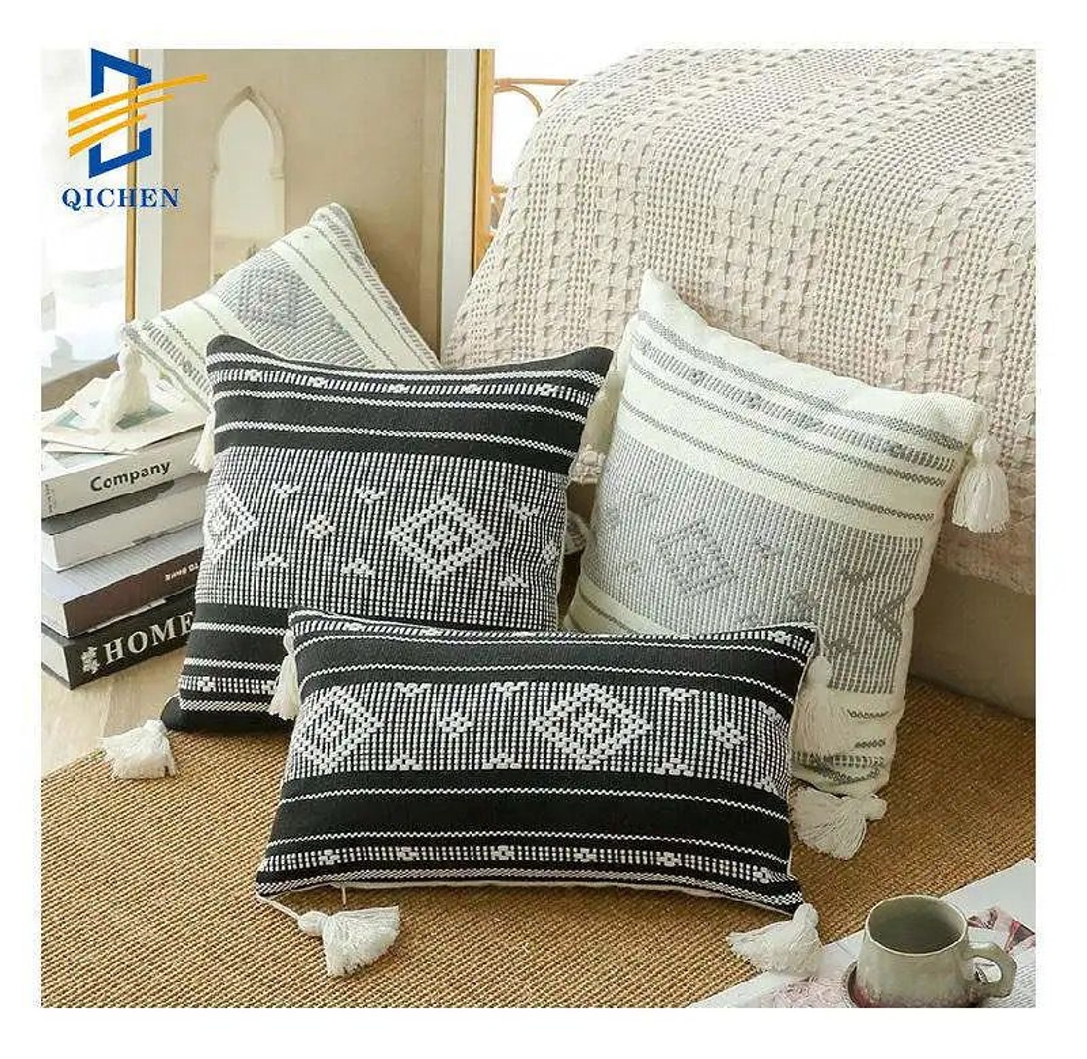 *Jacquard Tassel Nordic Minimalistic Throw Cover* 🔸Size 45 by 45cm / 18*18 inches  image