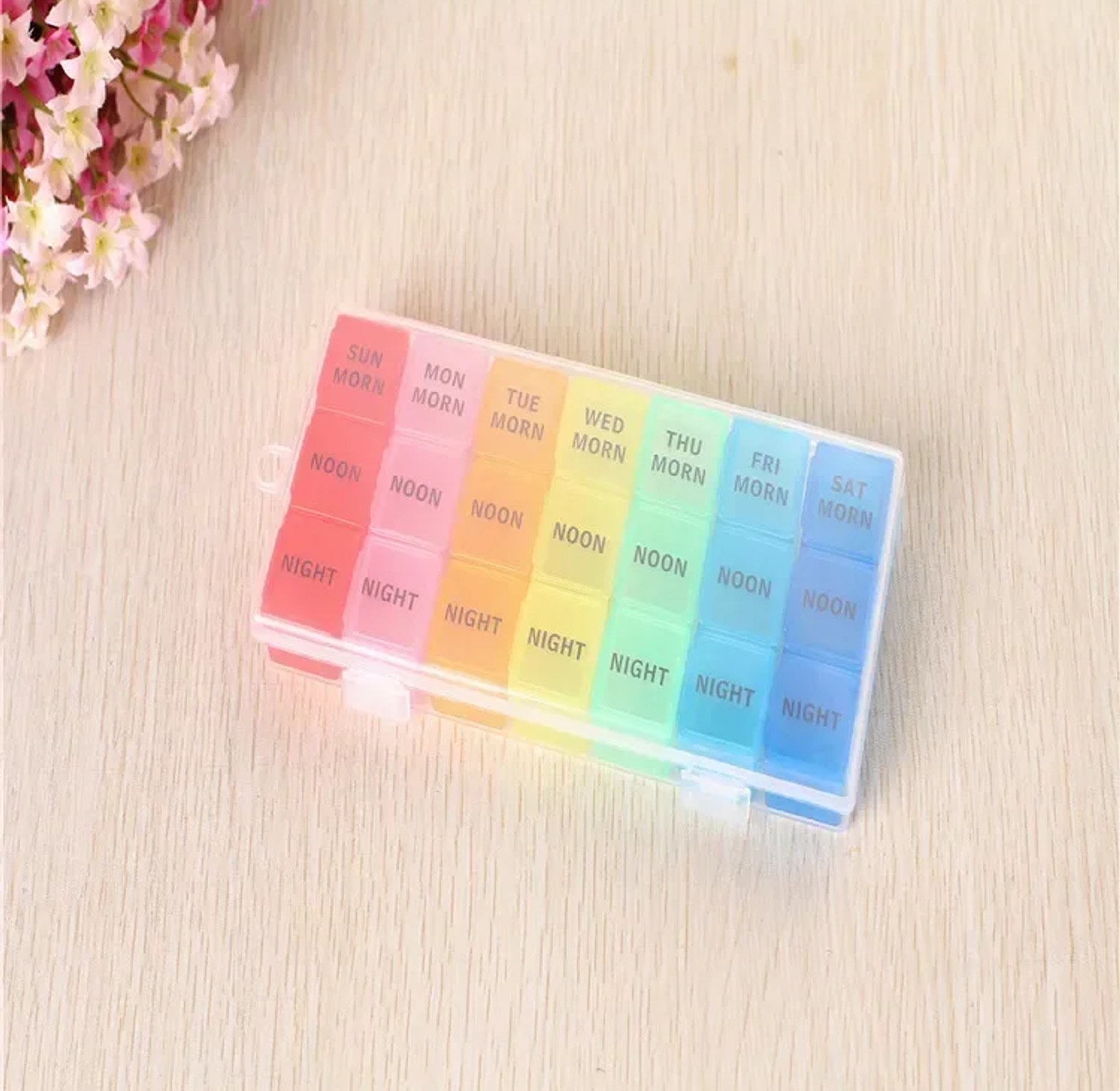 7 Day Weekly Pill Organizer 21 Compartments Moisture-Proof Medicine Storage Box for Supplements & Medication - Rainbow Color  image