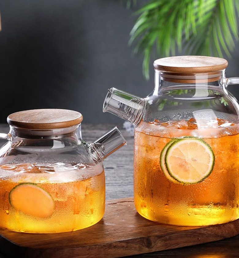 Glass Teapot and Juice Serving Set 1.8L and 1.5L Heat Resistant with Bamboo Lid image