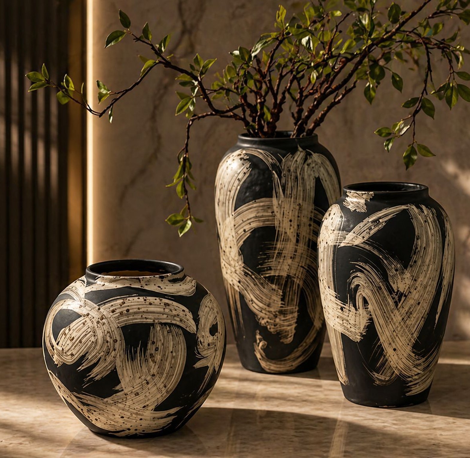 Artistic Black & White Decorative Vase Set (BSL-20, 3-Piece Modern Collection) image