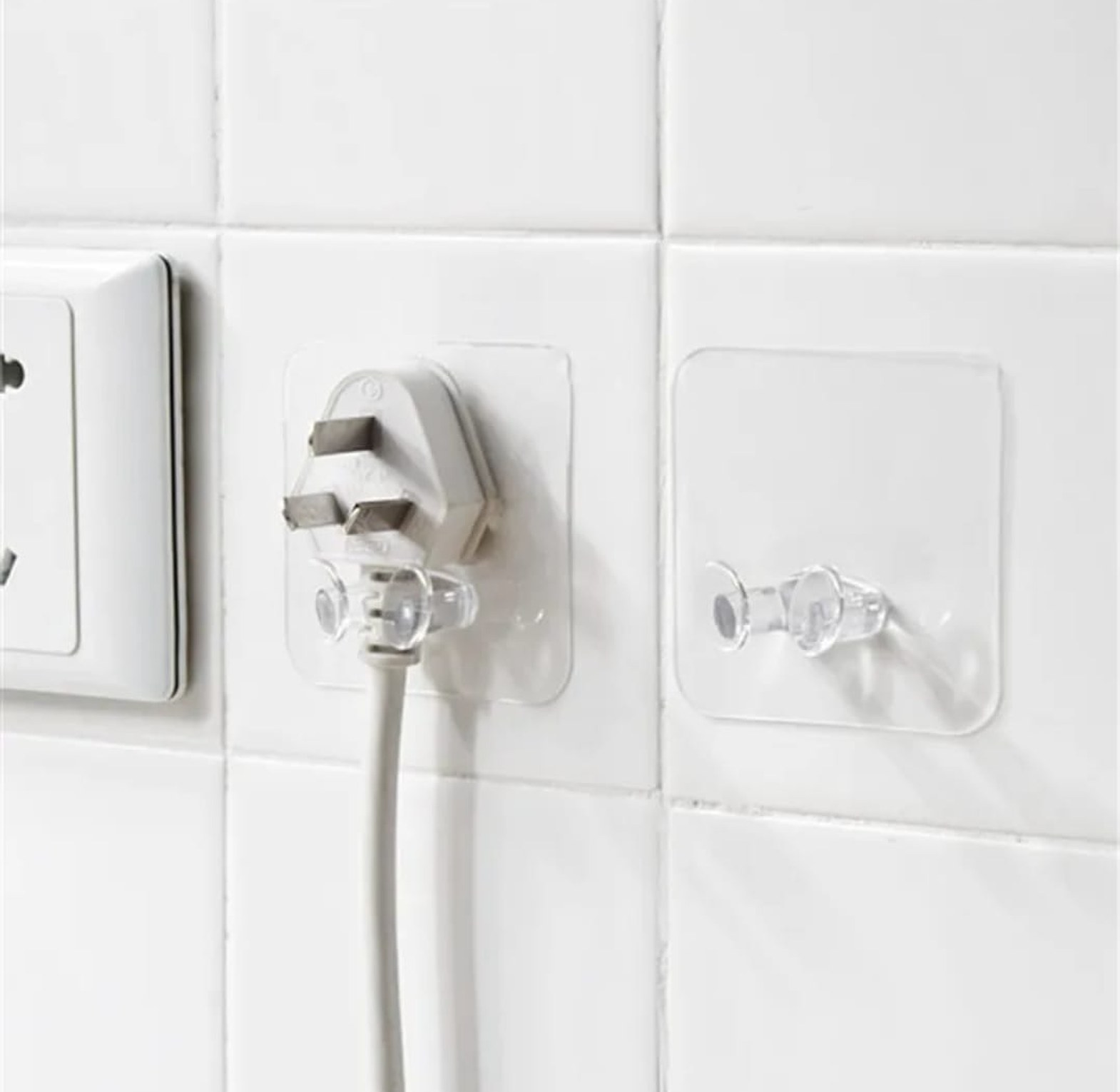 10Pcs Self Adhesive Wall Hooks and Phone Charging Stand transparent Plug Holder Cable Organizer Pack for Damage Free Home Storage image