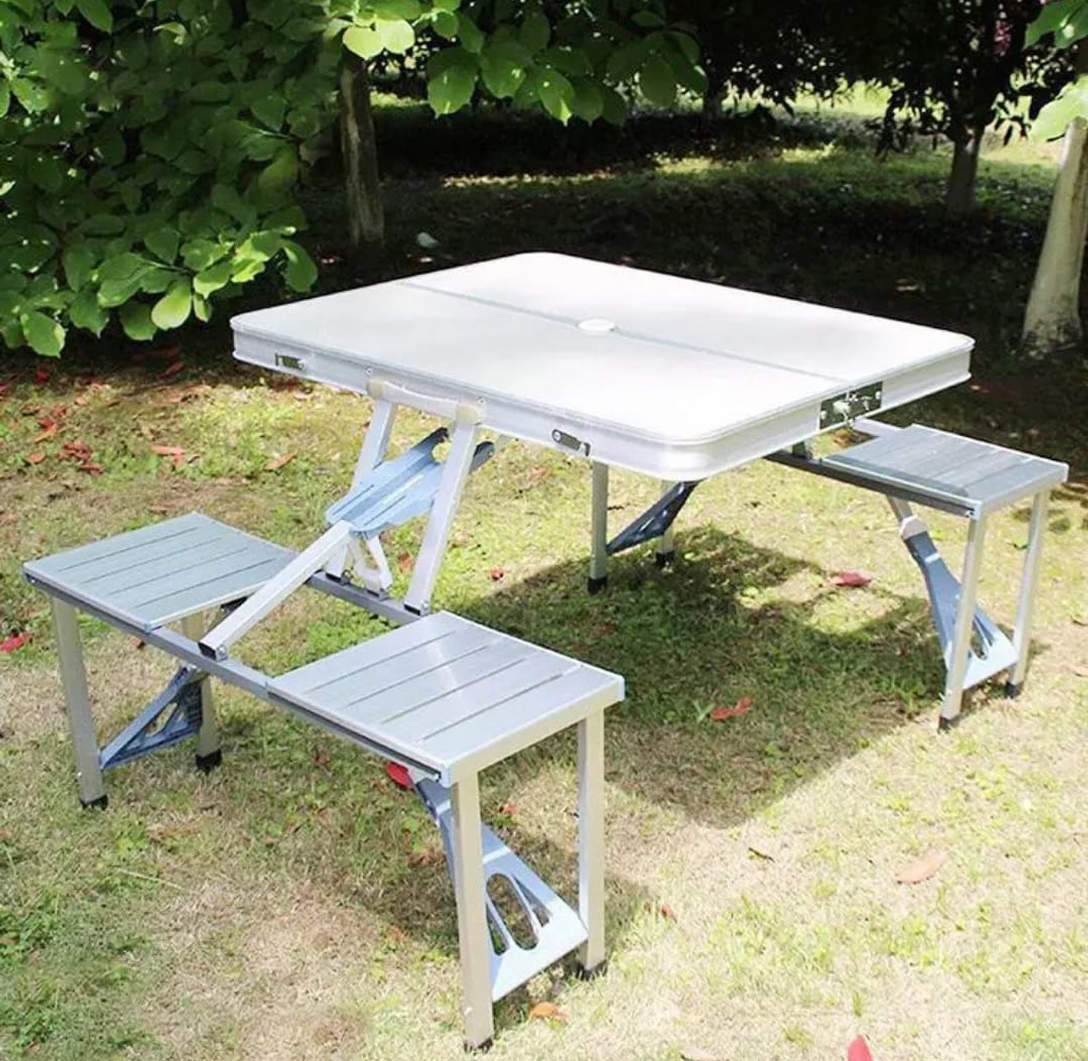 Foldable Camping Table. Portable Aluminum Folding Picnic Table with Integrated Seats image