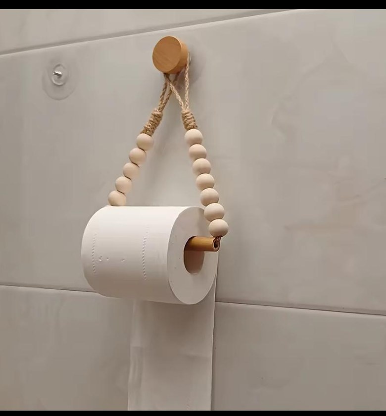 Boho Wooden Beads Toilet Paper Holder - Self Adhesive No-Drill Wall Mount Tissue Rack for Bathroom Decor  image
