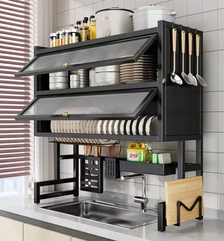 2-Tier Over the Sink Dish Drying Rack with Dust-Proof Cabinet Doors & Utensil Holders - Heavy Duty Anti-Rust Kitchen Organizer image