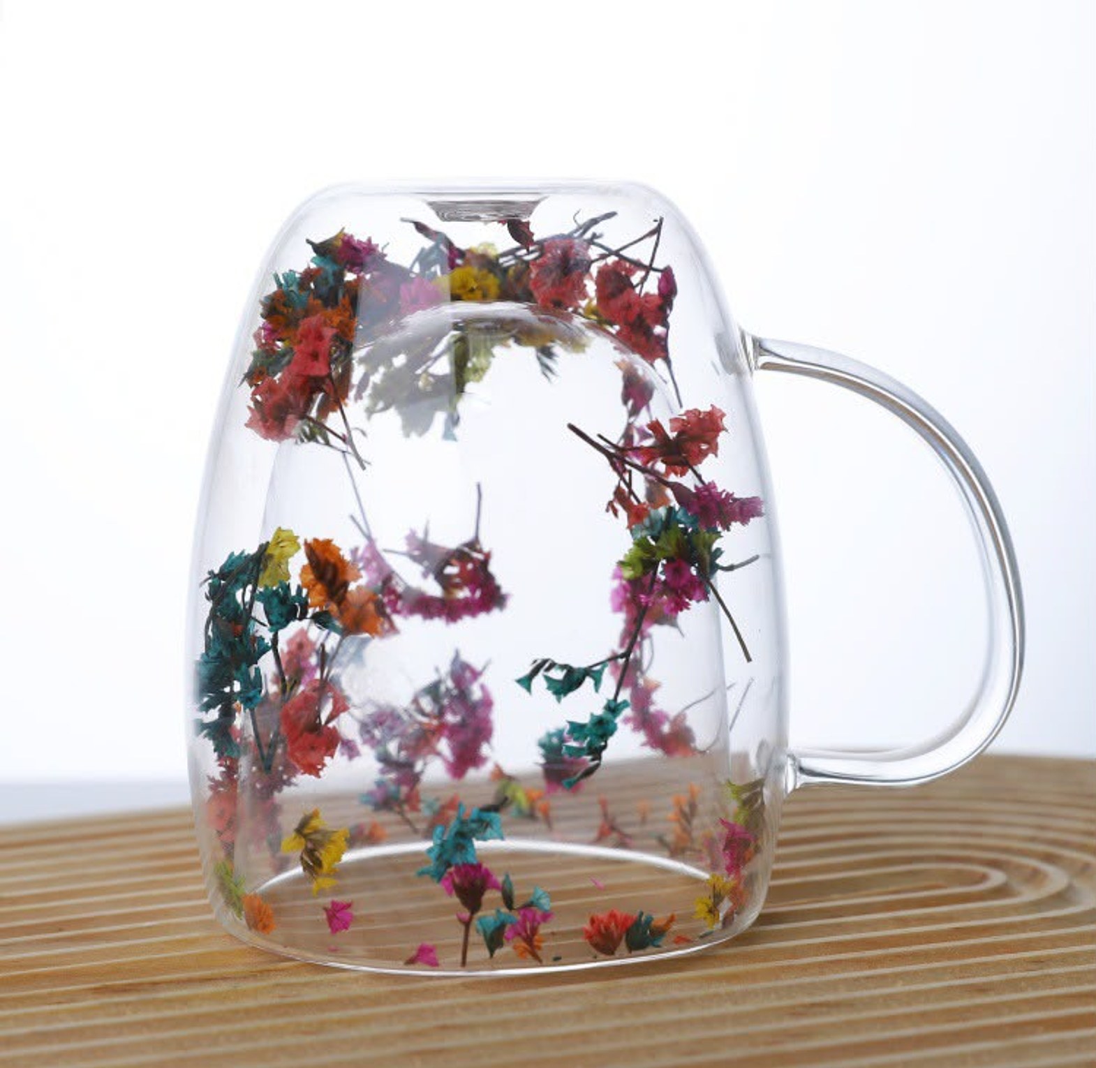 Double Walled Flower Glass Mug 350ml, Aesthetic Drinkware for Coffee and Tea image