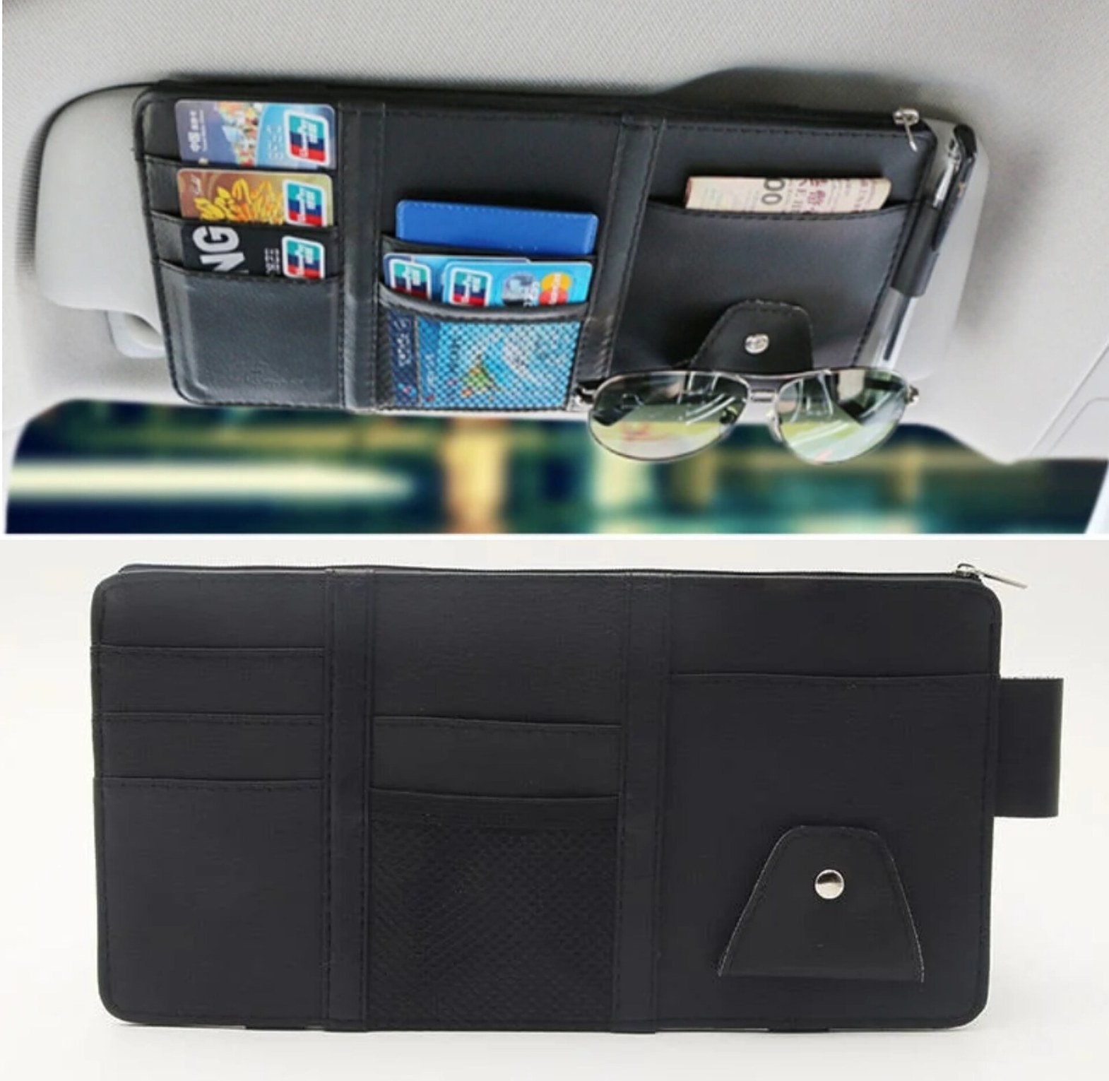Universal Premium Leather Car Sun Visor Organizer with Card Slots & Sunglasses Holder - Multi-Pocket Storage Bag for All Cars image