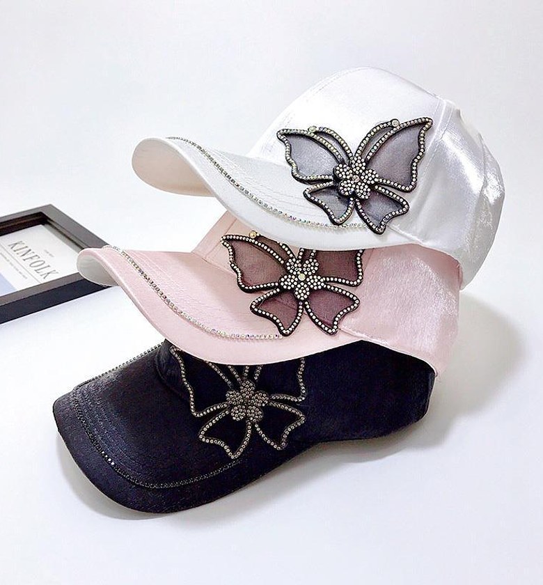 Women’s Silk Satin Rhinestone Butterfly Baseball Cap image