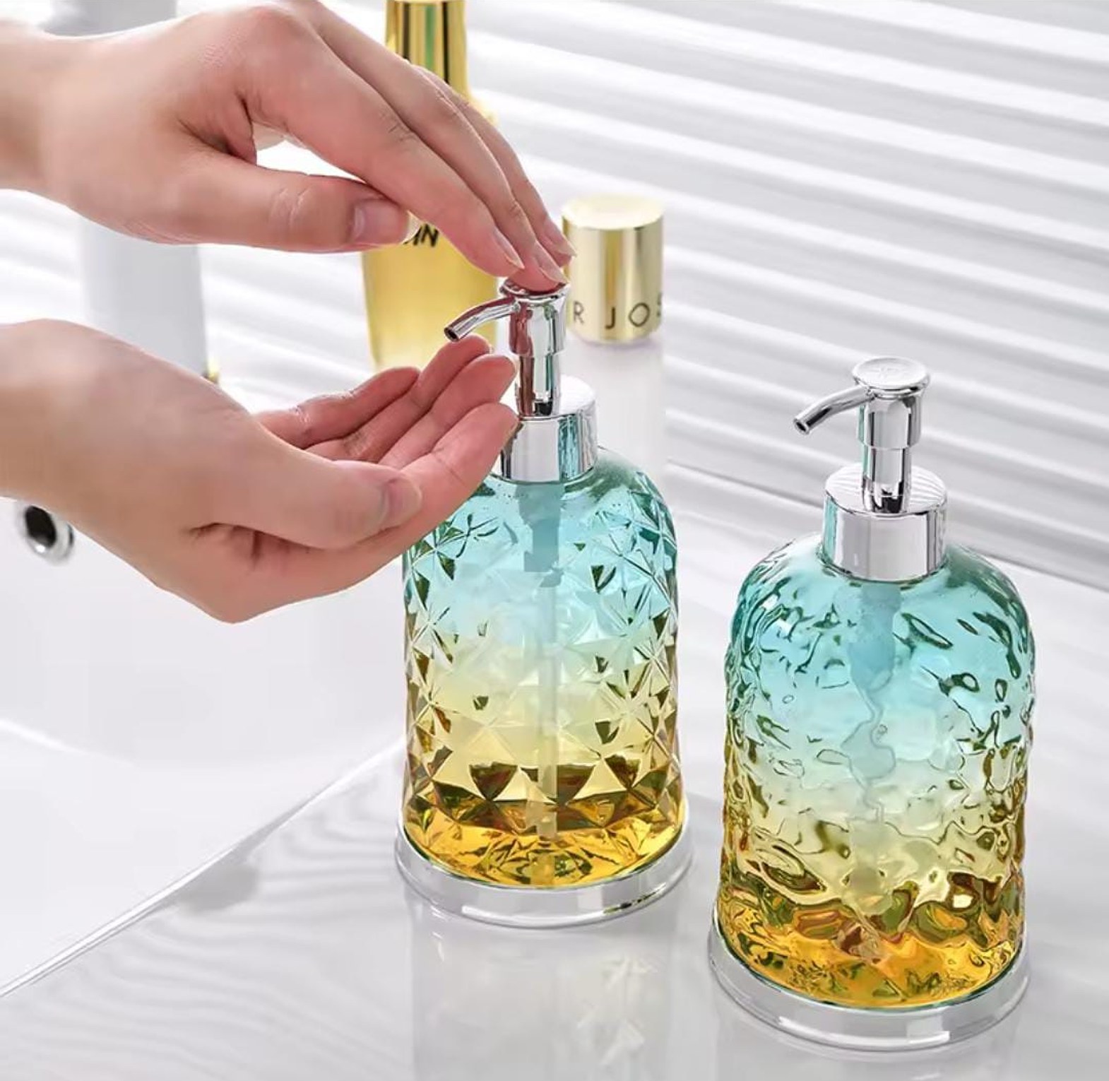 Premium Textured Glass Soap Dispenser with Metallic Pump - Refillable Lotion & Hand Wash Bottle - Elegant Bathroom & Kitchen Decor image