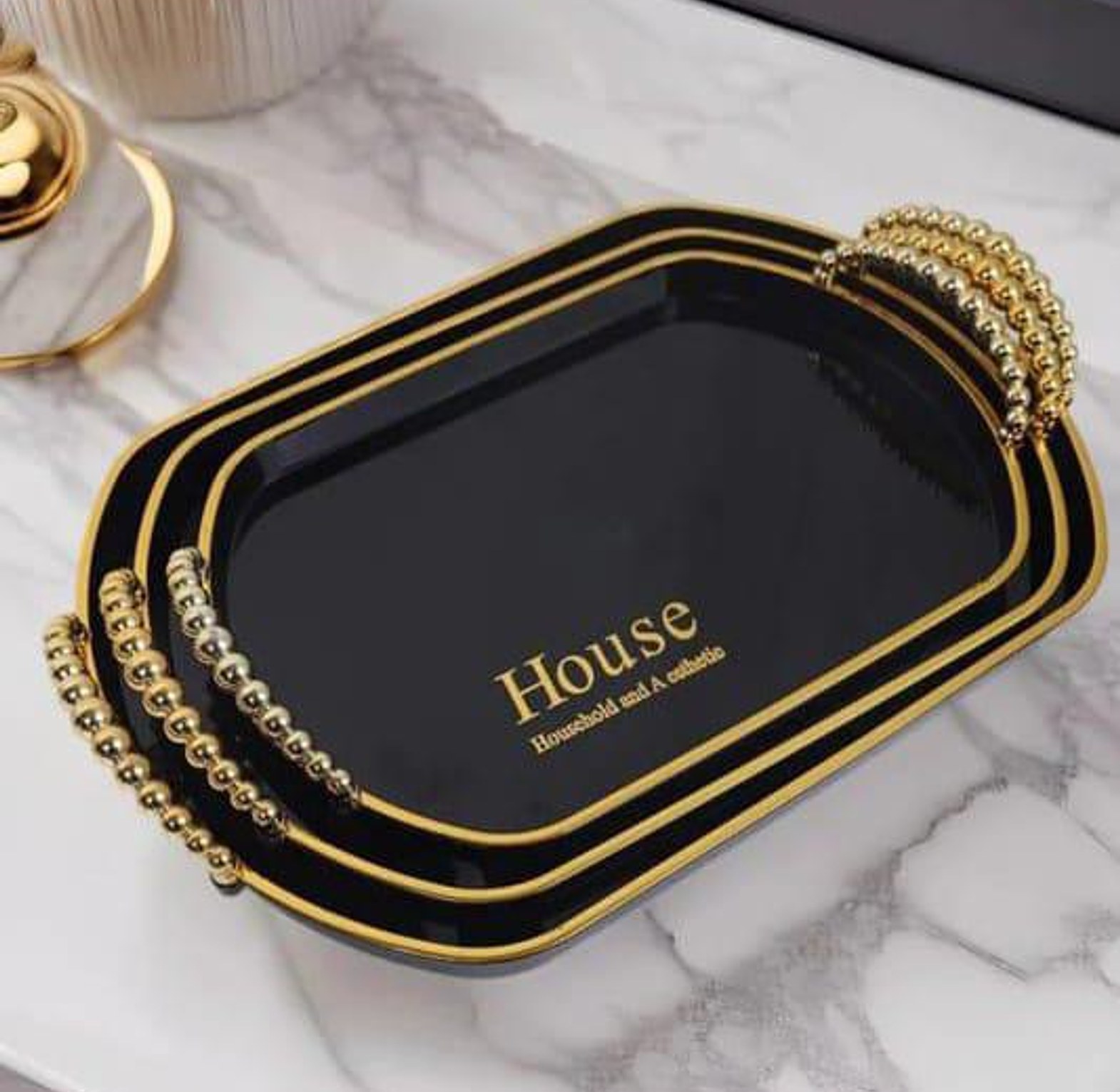 Set of 3 Rectangular Serving Tray / Platters with Gold Handles image