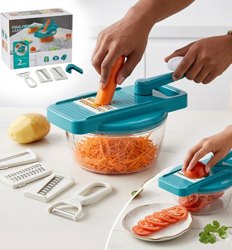 2-in-1 Manual Food Processor and Mandoline Slicer with Stainless Steel Blades Vegetable Cutter for Quick Meal Prep image