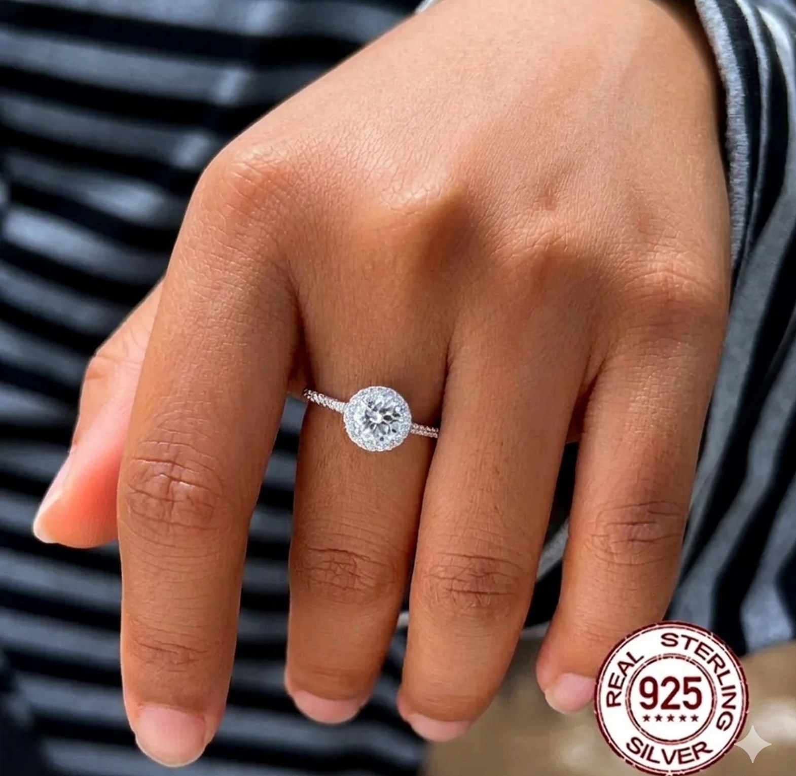 Luxury Round-cut sparkling S925 sterling silver cubic zirconia engagement/proposal/promise ring.  image