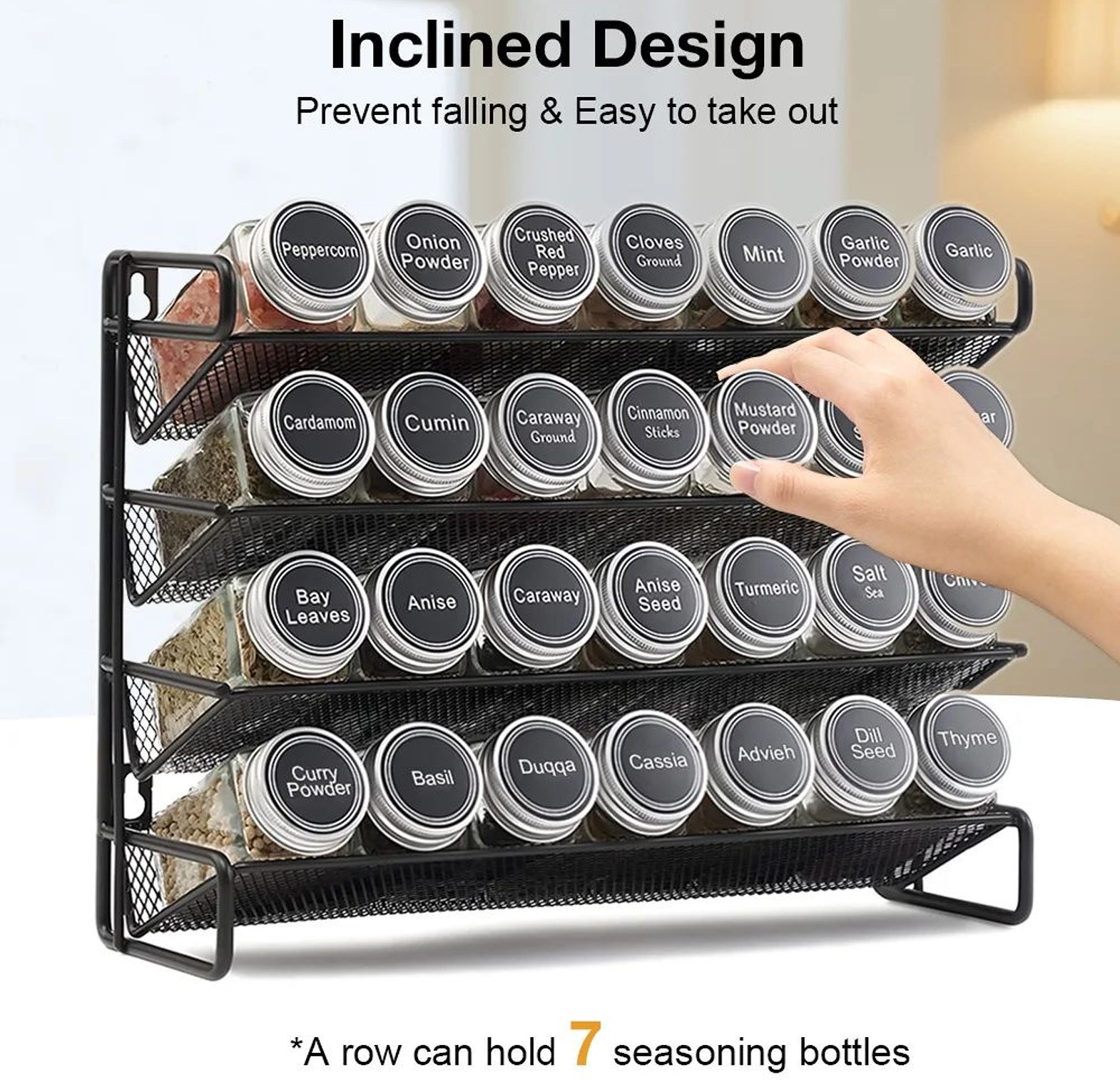 4-Tier Metal Spice Rack with 28 Glass Bottles, Labels & Pen – Durable Kitchen Organizer image