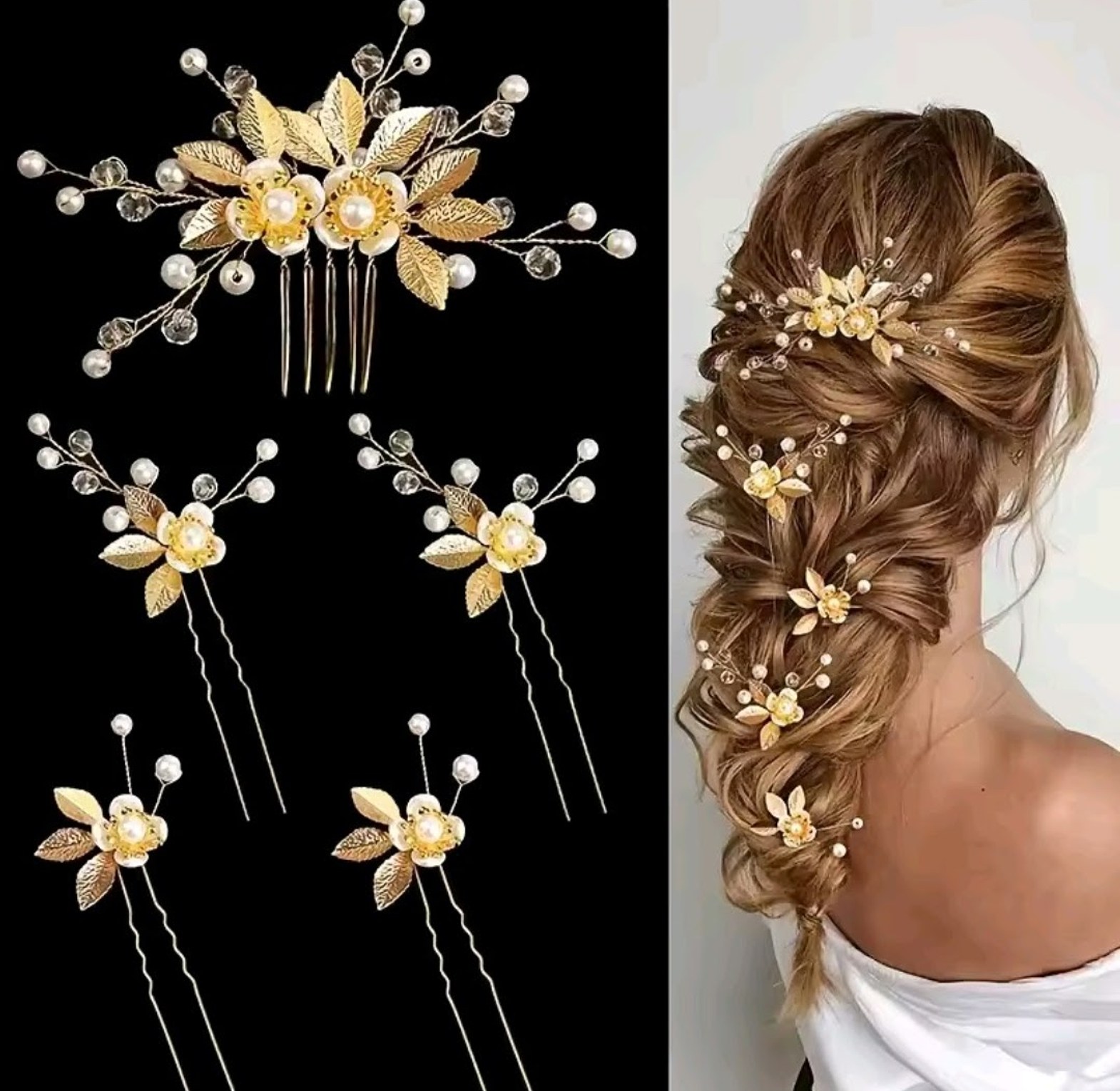 Gold bridal comb & bridal flower pins image