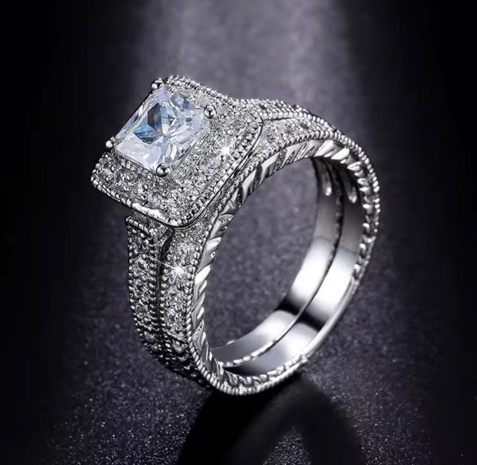 Brilliant Halo Pure Silver Double Ring Set image