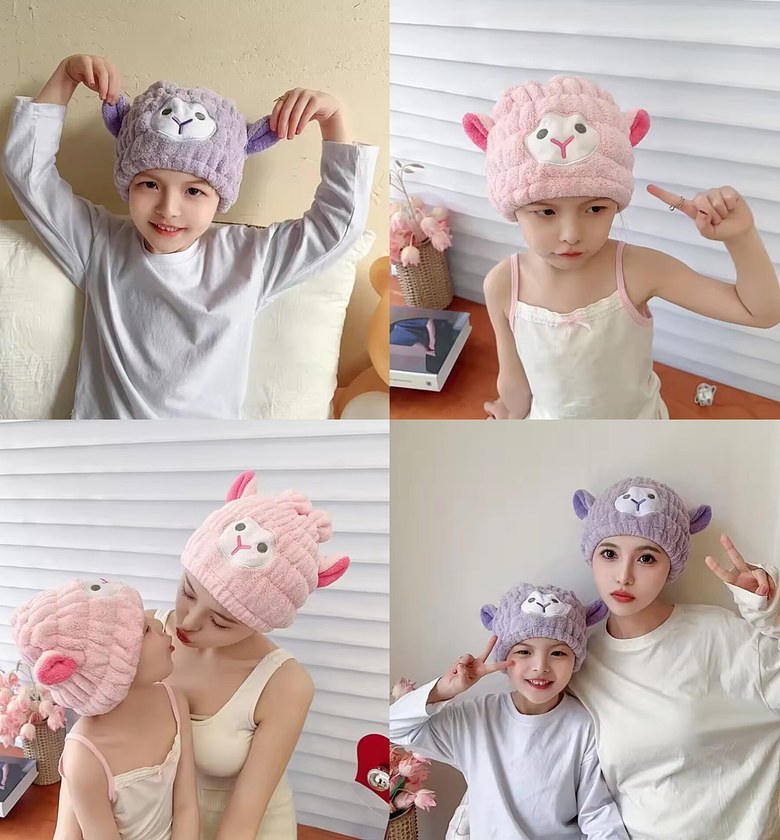 Super Absorbent Microfiber Hair Drying Towel Wrap Cap, Quick Dry Cartoon Shower Hat for Women & Kids image