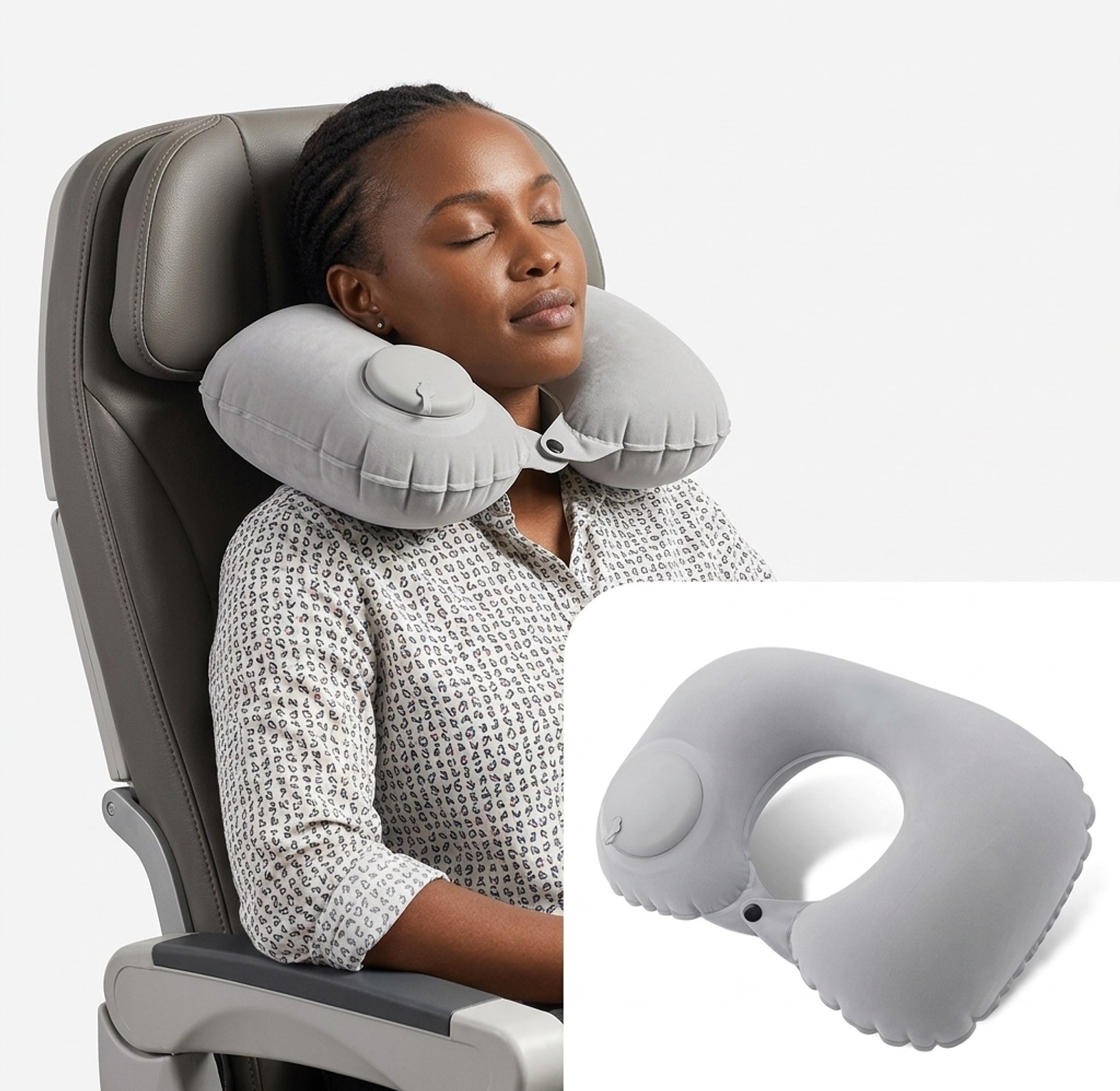 Inflatable Travel Neck Pillow with Built-in Pump & Soft Velvet Cover for SGR, Flight & Bus Travel - Ergonomic Portable Neck Support image