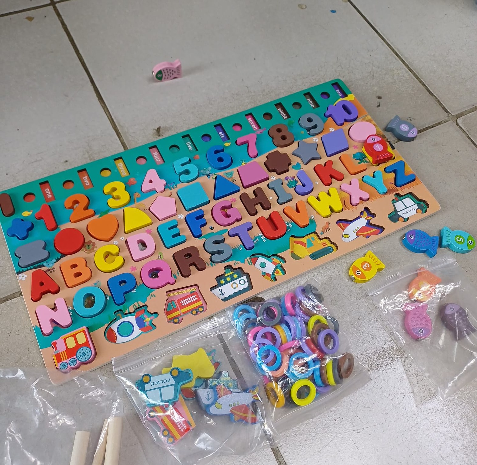 Montessori Wooden Alphabet & Number Puzzle Board with Fishing Game, Shape Sorting & Counting Rings – Educational Learning Toy for Kids image