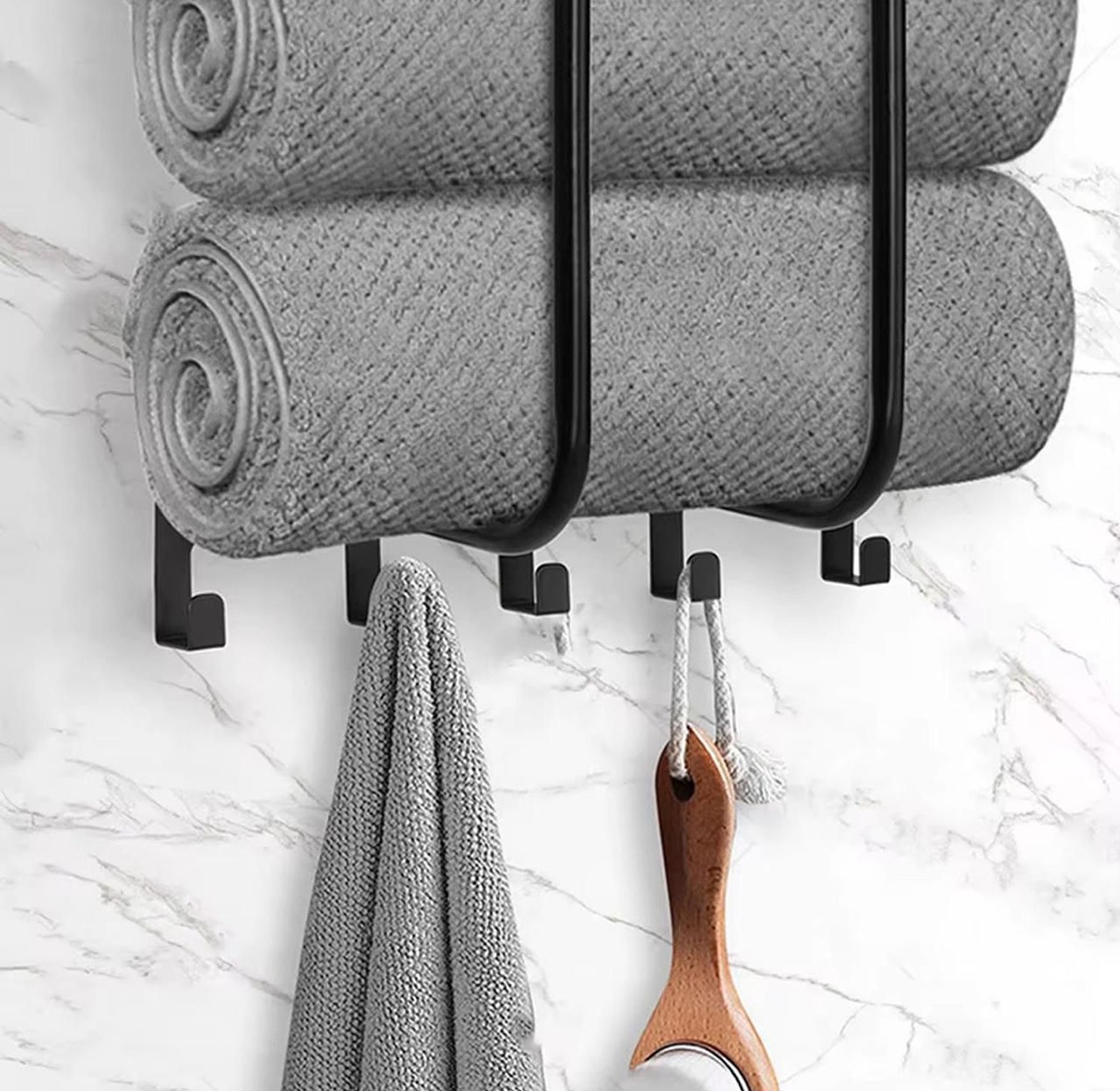 Multifunctional bathroom towel holder with metal shelf and 5 hooks image