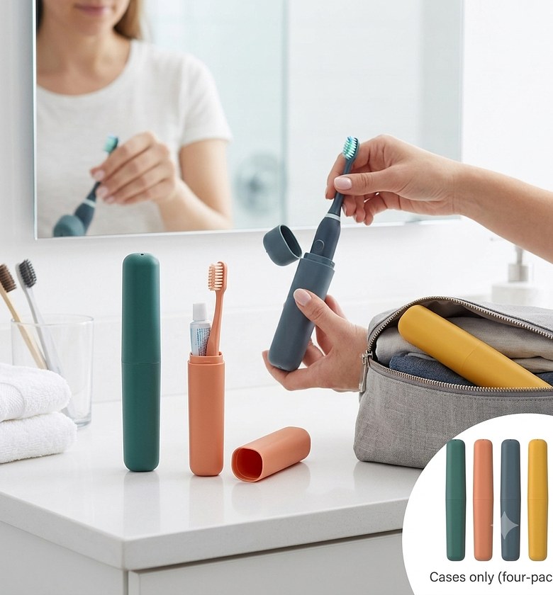 Portable Travel Toothbrush Holder Case Set 4-Piece Pack - Slim Dustproof Hygiene Storage Covers for Home, School & Travel image