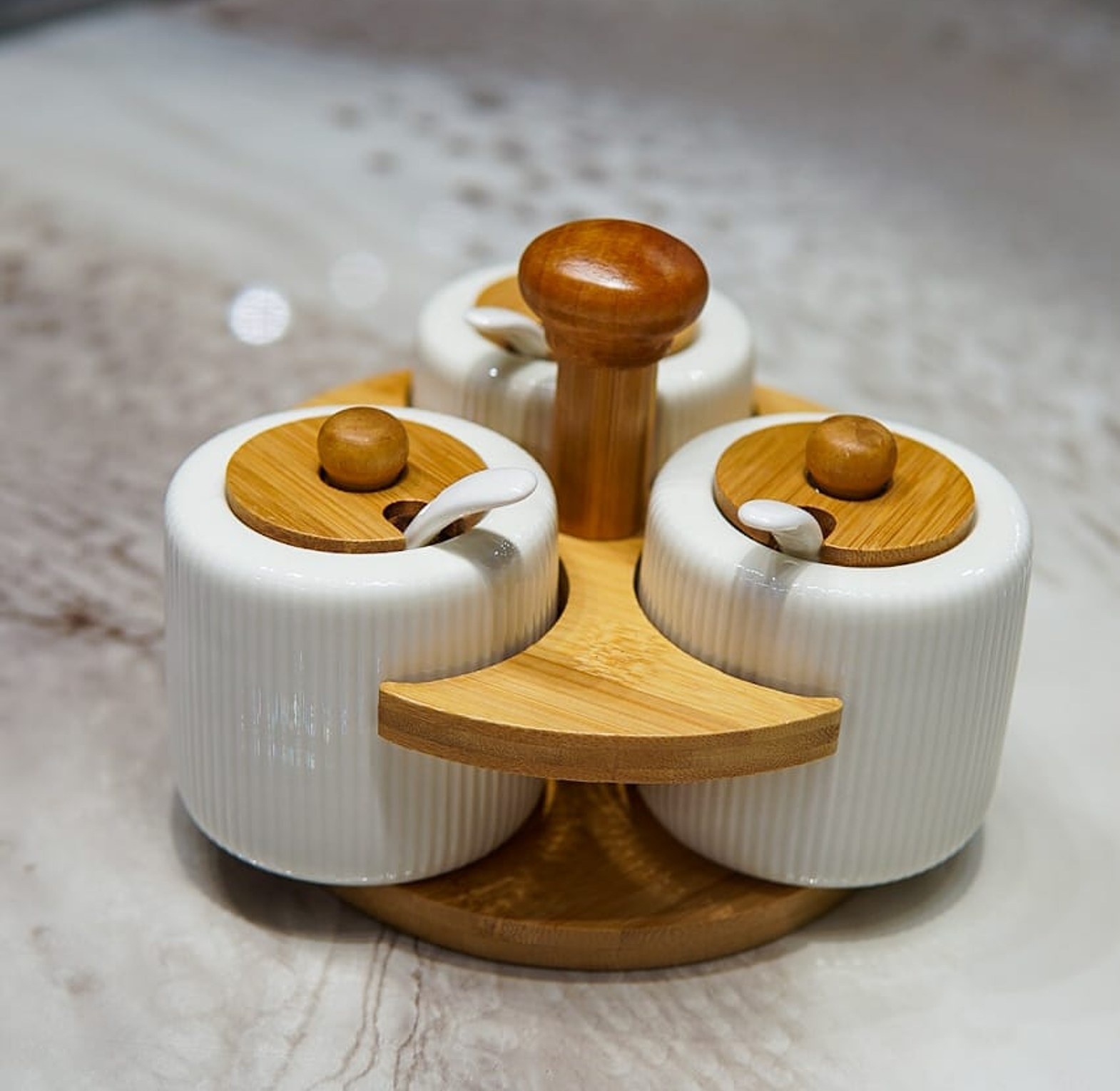 3 pcs sugar  dish on a bamboo stand   image