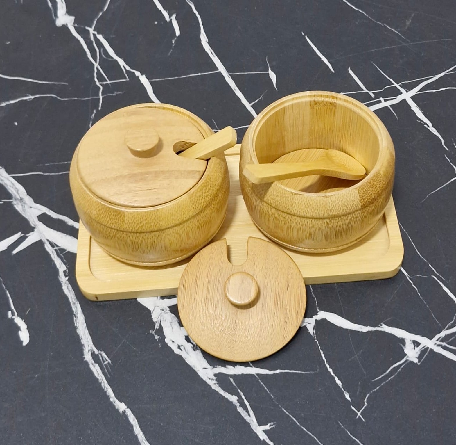 3-Piece Bamboo Condiment Jar Set with Tray & Spoons image
