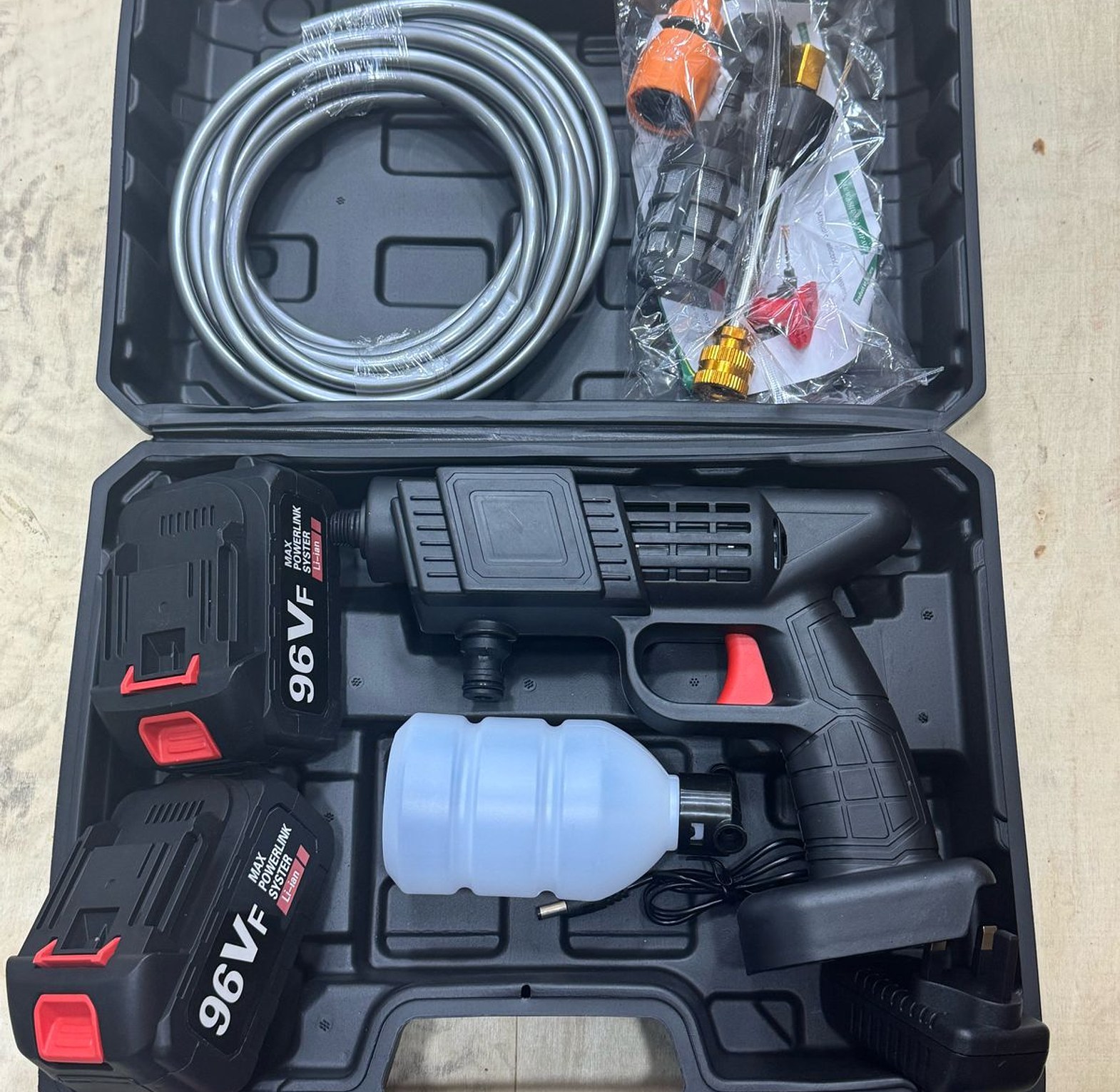 Portable Cordless High Pressure Car Washer Gun with 2x 96VF Rechargeable Batteries and Carry Case - Heavy Duty Jet Wash  image
