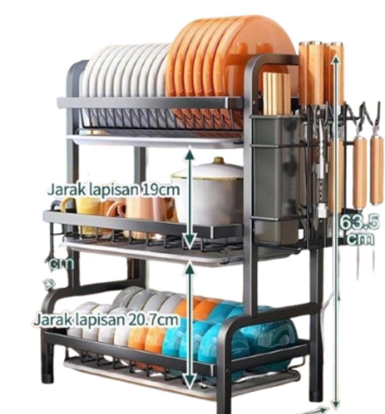 Dish Rack. 3-Tier Dish Rack with Cutlery Holder and Drainer Trays.  image