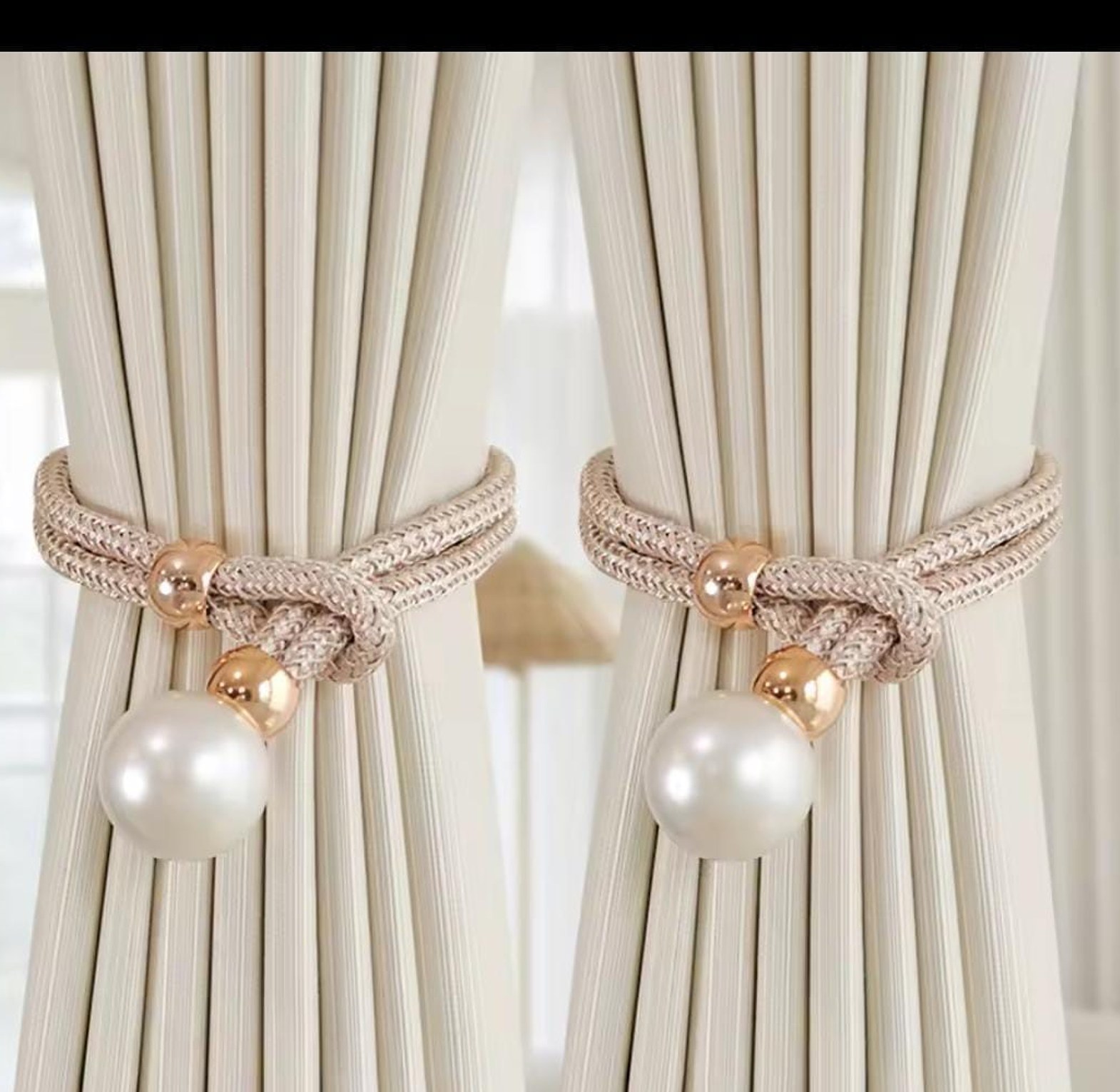 Pearl Curtain Tiebacks Adjustable No Punch Pull-outs Decorative Rope Fixings for Curtains image