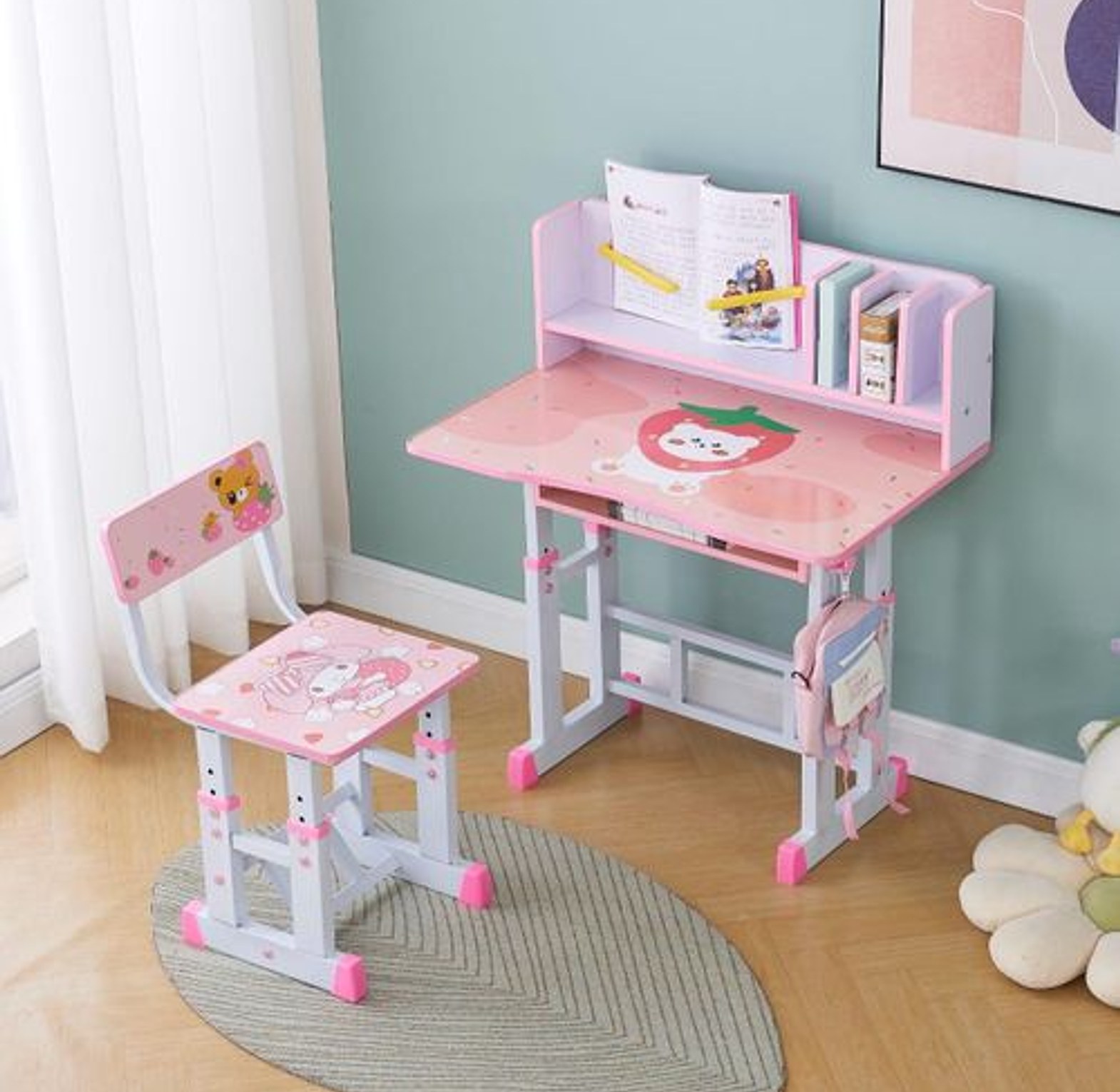 Height Adjustable Kids Study Table and Chair Set with Bookshelf & Reading Stand – Ergonomic Learning Desk for Children image