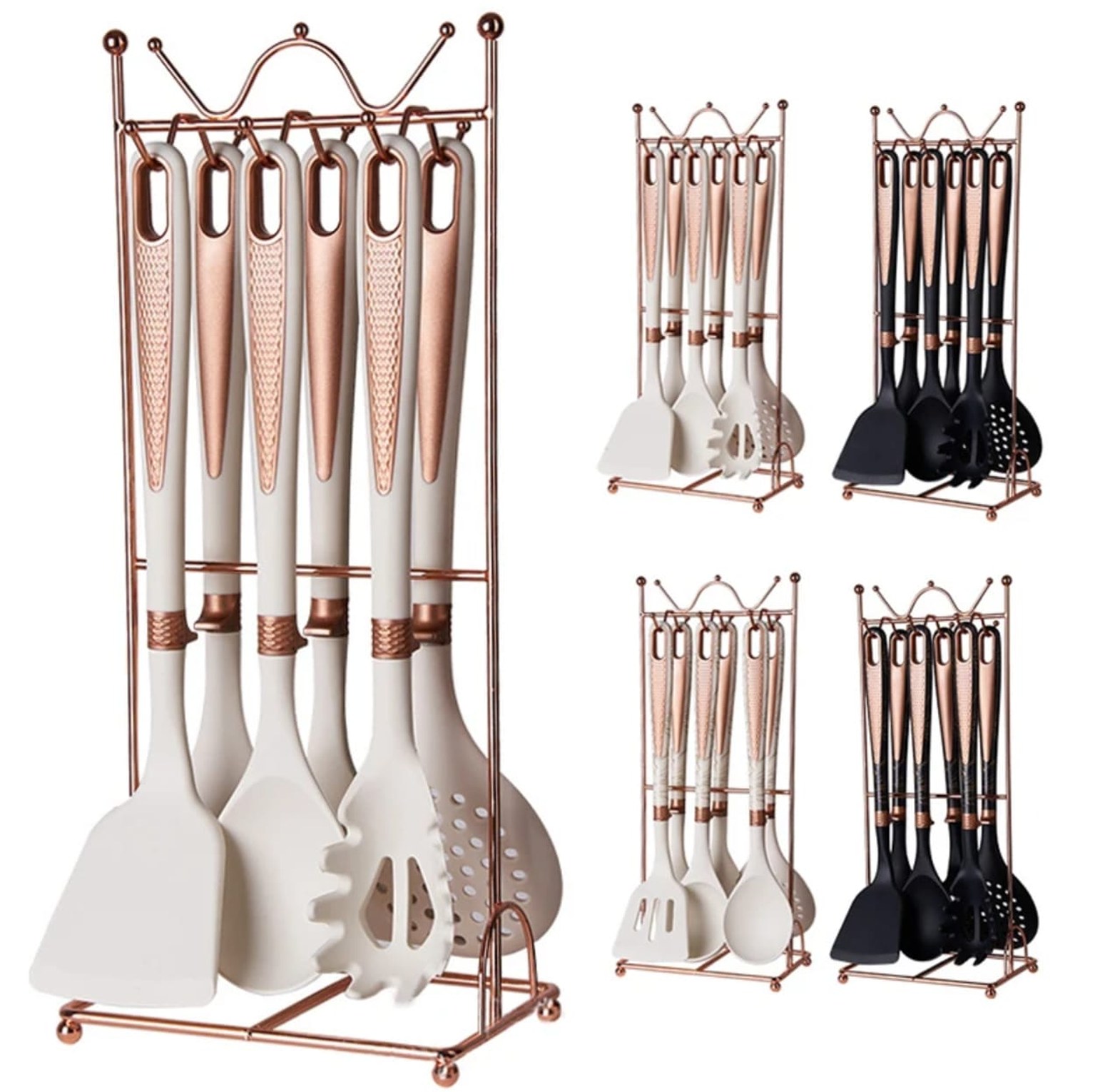 Serving Spoons. 7-piece Silicone Cooking Utensils Set with a Hanging Rack.  image