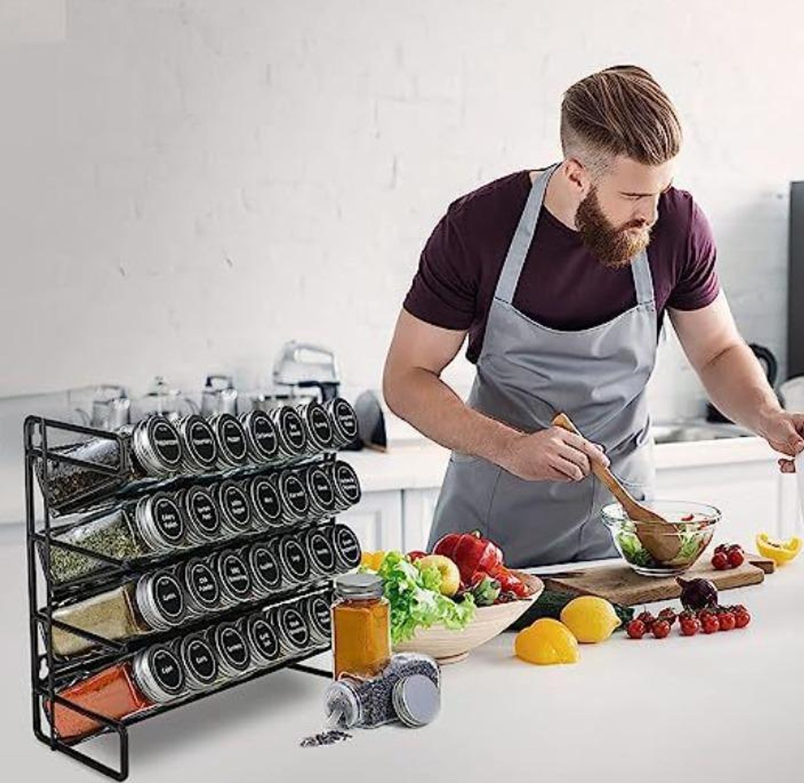 4-Tier Metal Spice Rack with 28 Glass Bottles, Labels & Pen – Durable Kitchen Organizer image