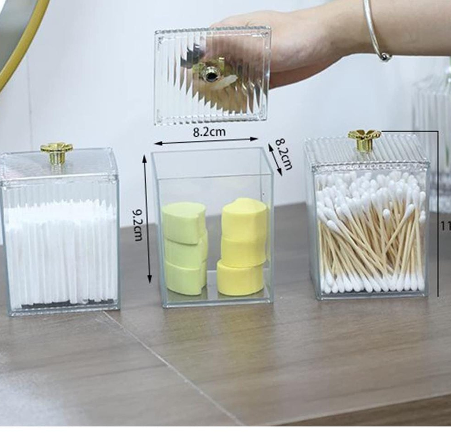 Luxury Ribbed Acrylic Makeup Organizer & Cotton Bud Holder with Gold Flower Lid – Elegant Vanity Storage Box for Home & Salon image