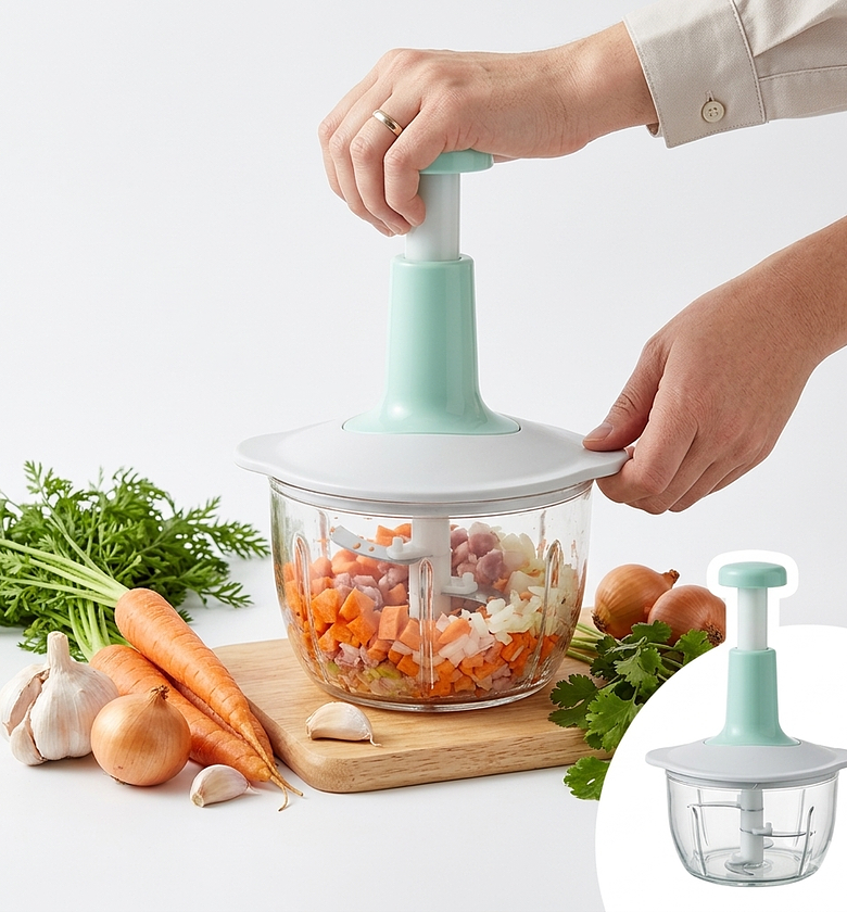 2L Multi-function Hand-Pushing Vegetable Chopper & Manual Food Processor for Onions, Meat and Salads - 3 Blade Stainless Steel Mincer image