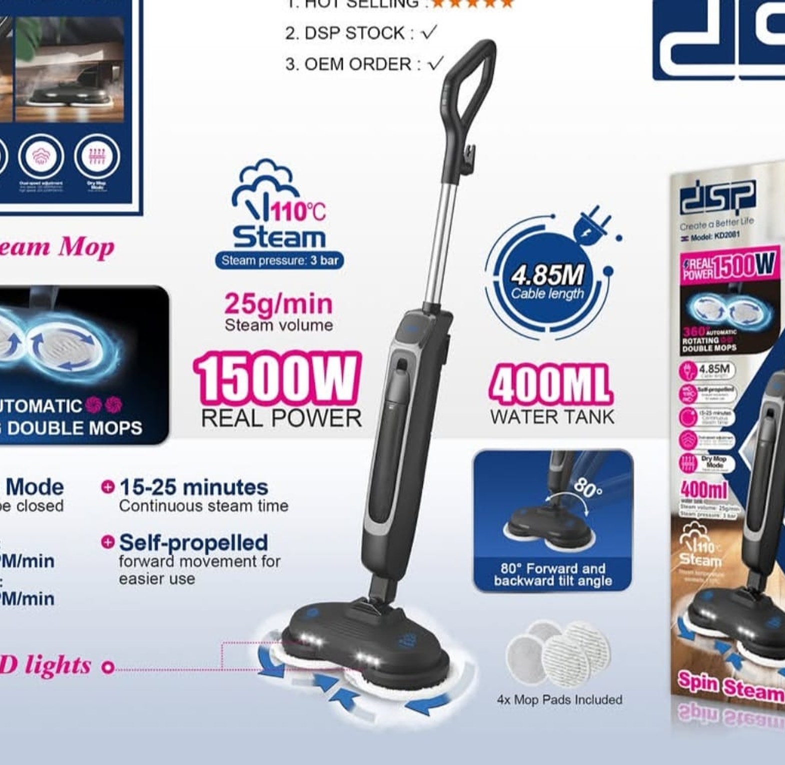 360° Spin Steam Mop with Dual LED Lighting image