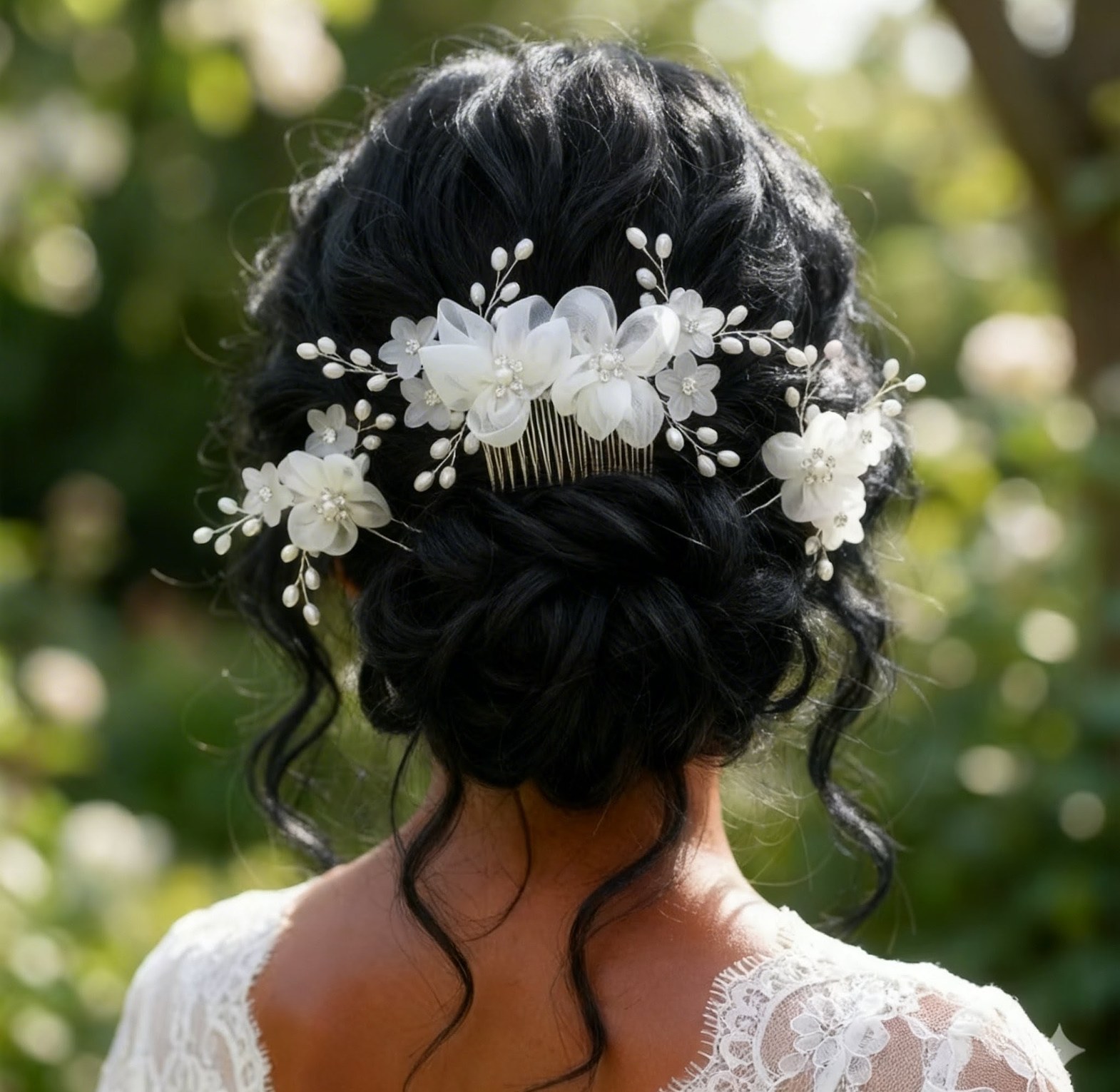 White Pearl Organza Bridal Hair Comb and Pins image
