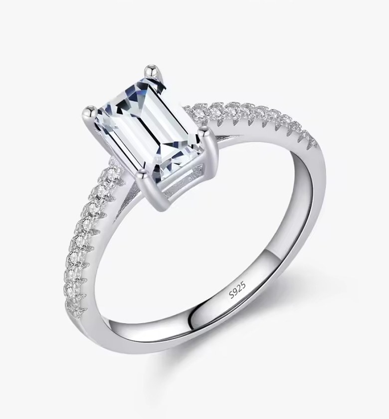 Emerald Cut Sterling Silver Cubic Zirconia Engagement Proposal Promise Ring  image