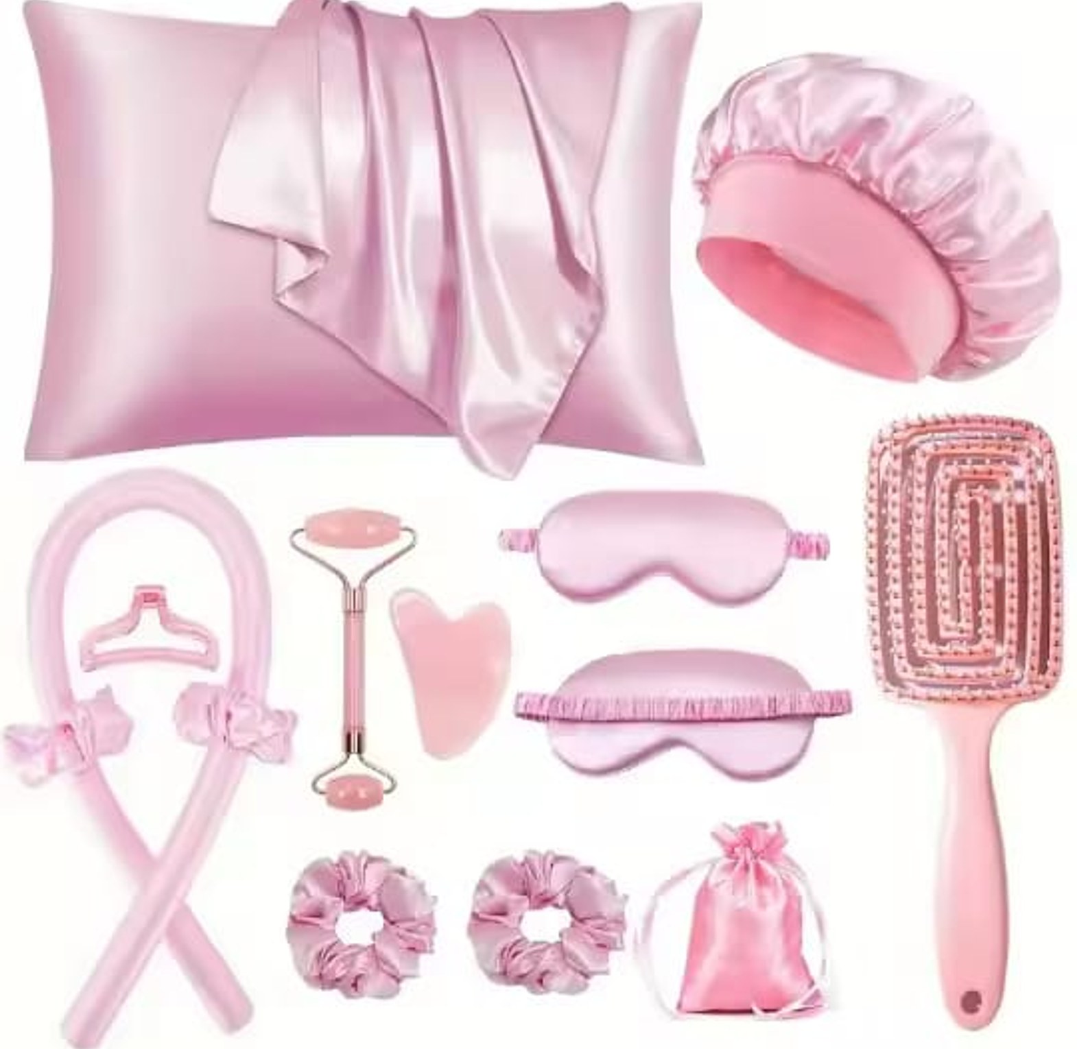 12-Piece Premium Silk Satin Pillowcase Bonnet Heatless Hair Curler & Jade Roller Beauty Care Set  image