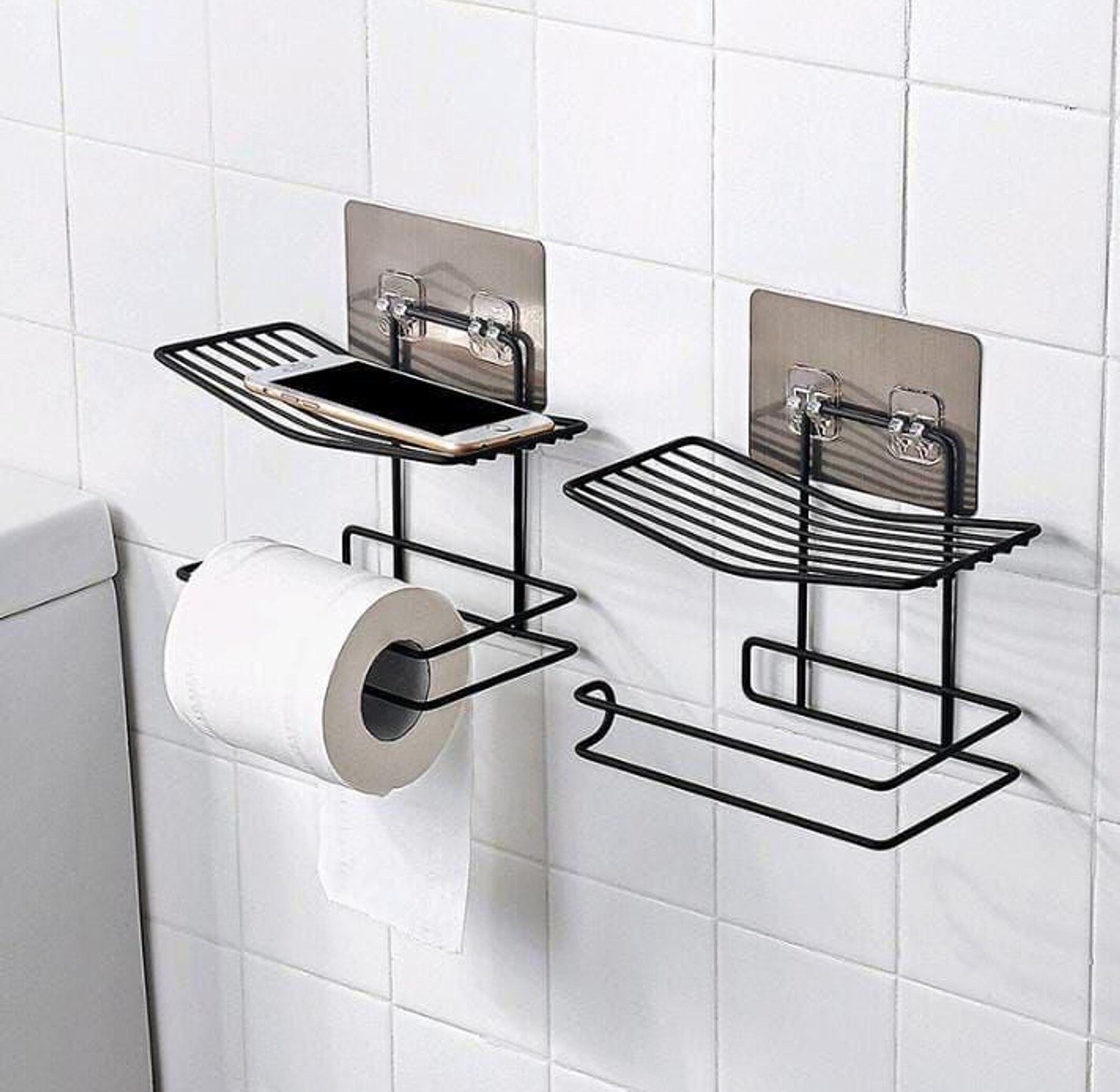 Adhesive Toilet Paper Holder with Phone Storage Shelf Wall Mounted No-Drill Metal Bathroom Organizer Rack image