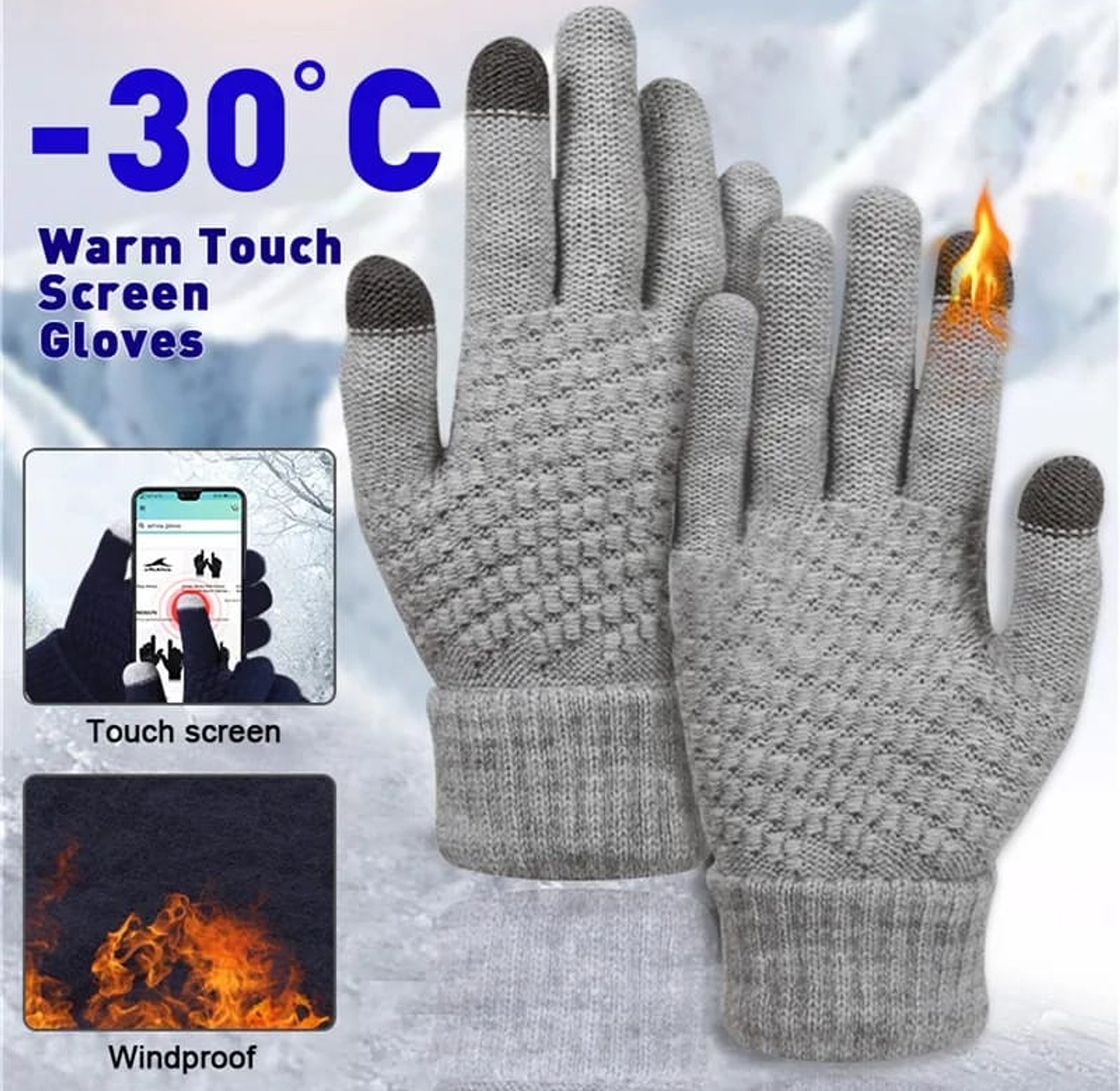 Warm winter touch screen gloves for men and women with full finger wool knit image