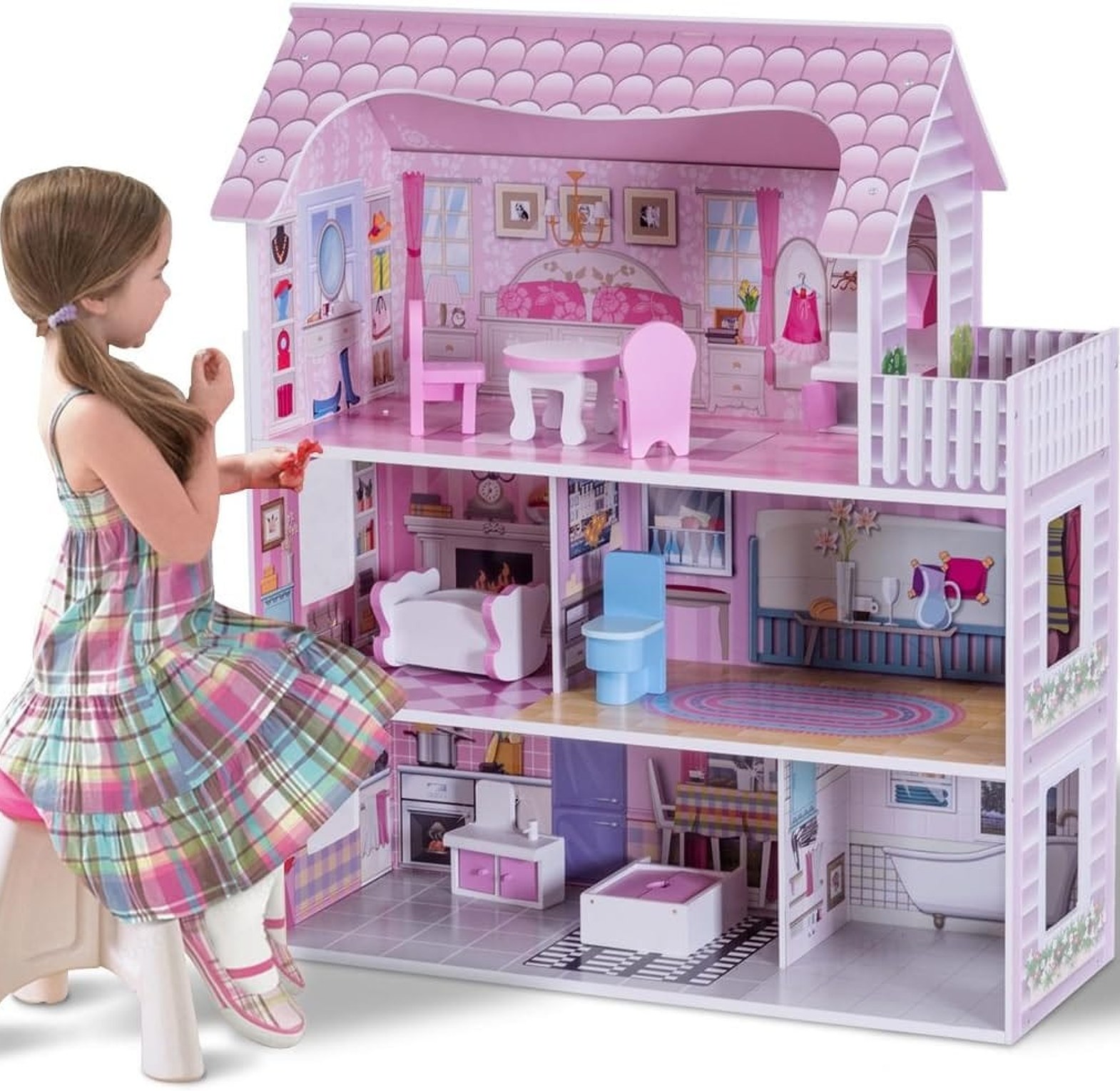 28-inch pink dollhouse with furniture image