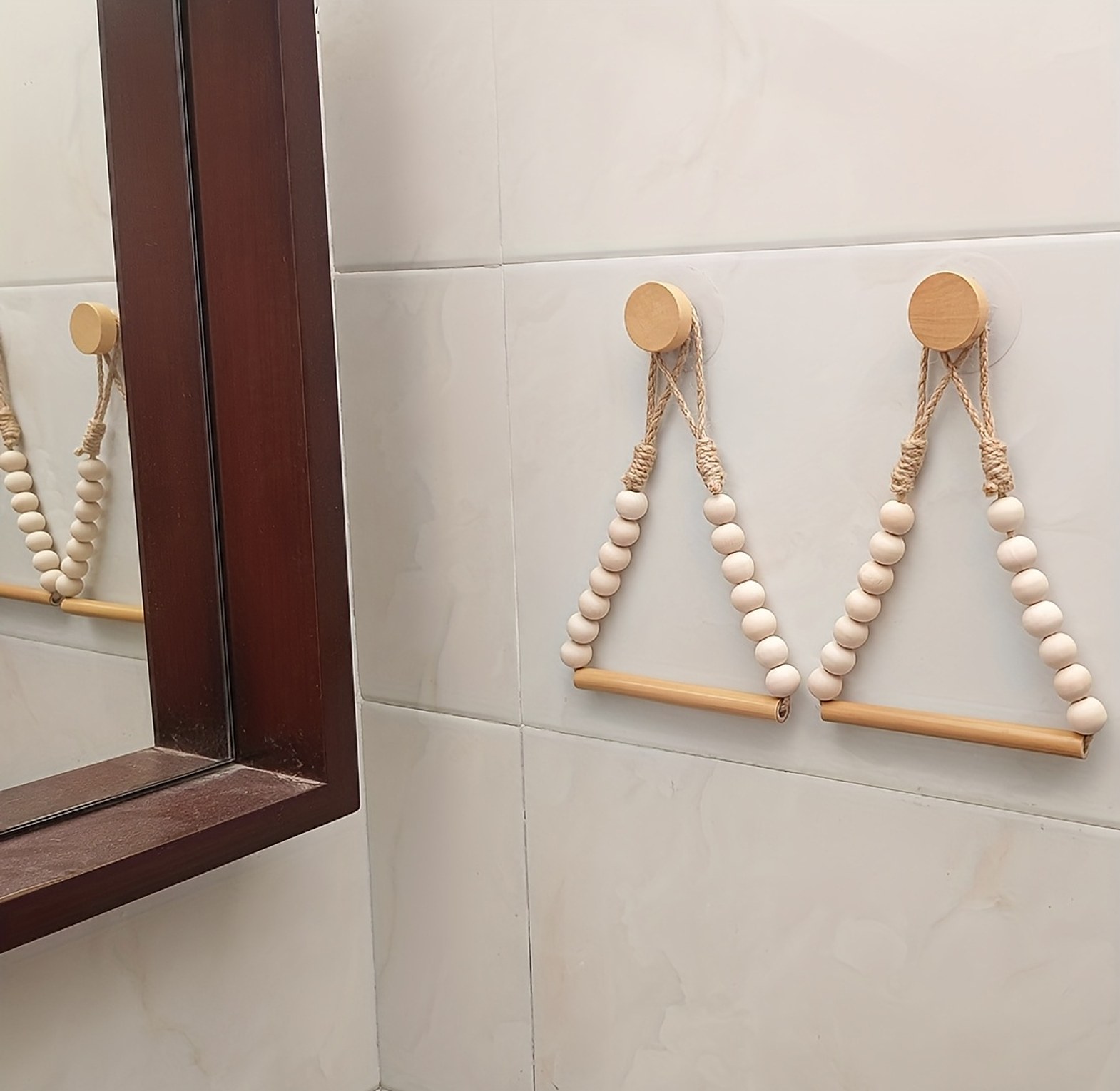 Boho Wooden Beads Toilet Paper Holder - Self Adhesive No-Drill Wall Mount Tissue Rack for Bathroom Decor  image