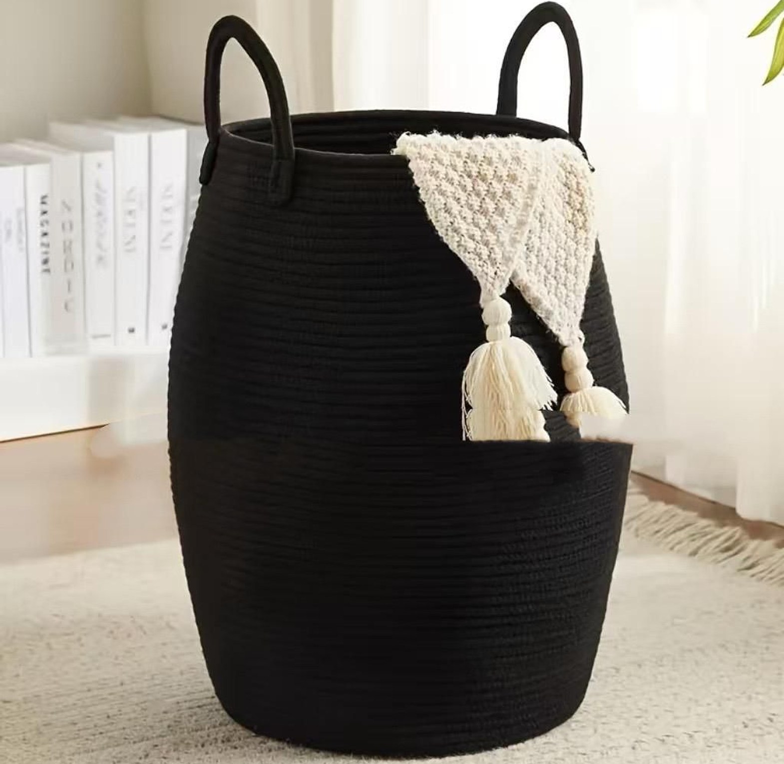 Large 65L Cotton Rope Decorative Woven Basket with Extended Handles image