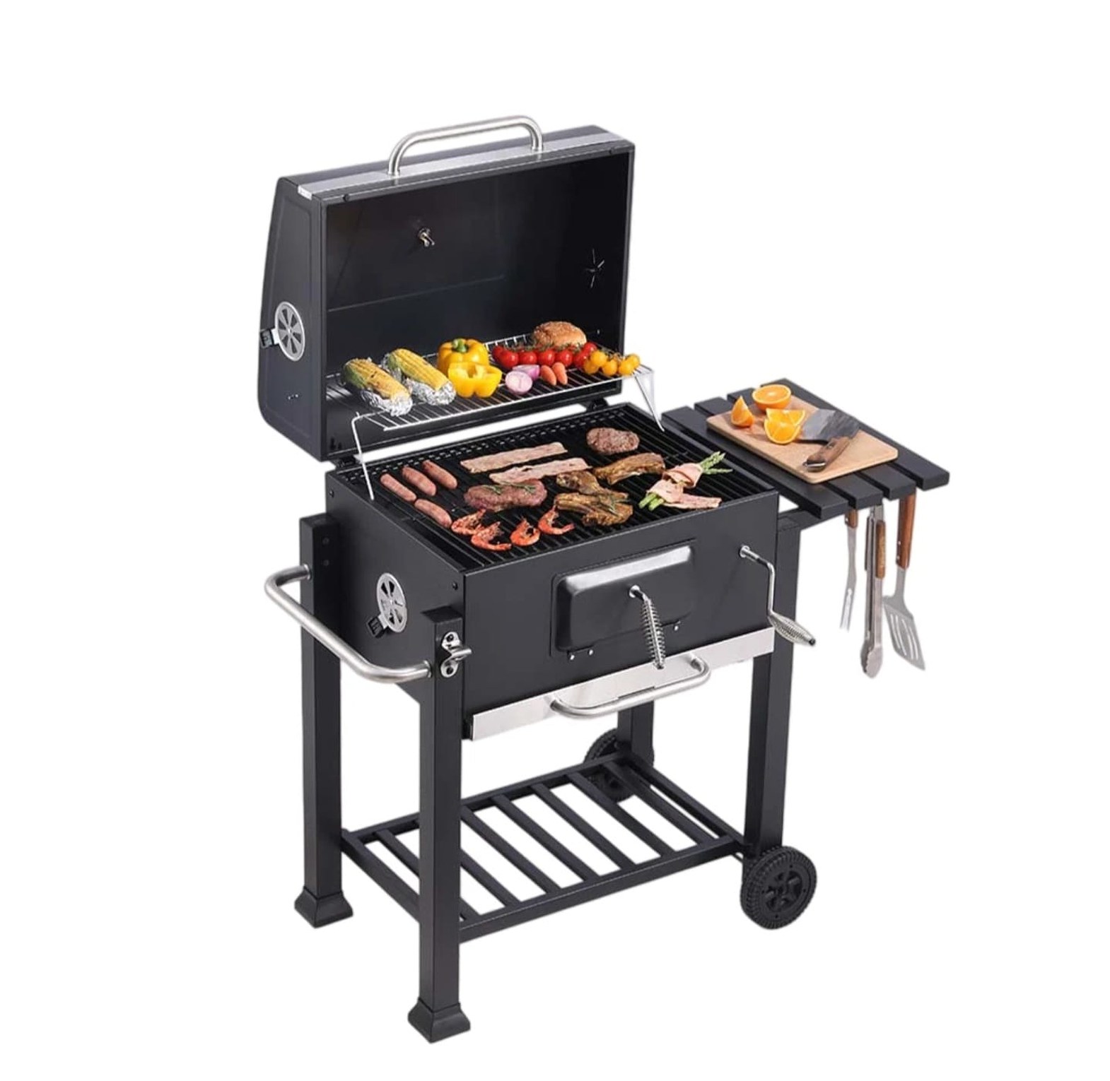 Heavy-Duty Commercial BBQ Charcoal Grill with Side Table & Trolley image