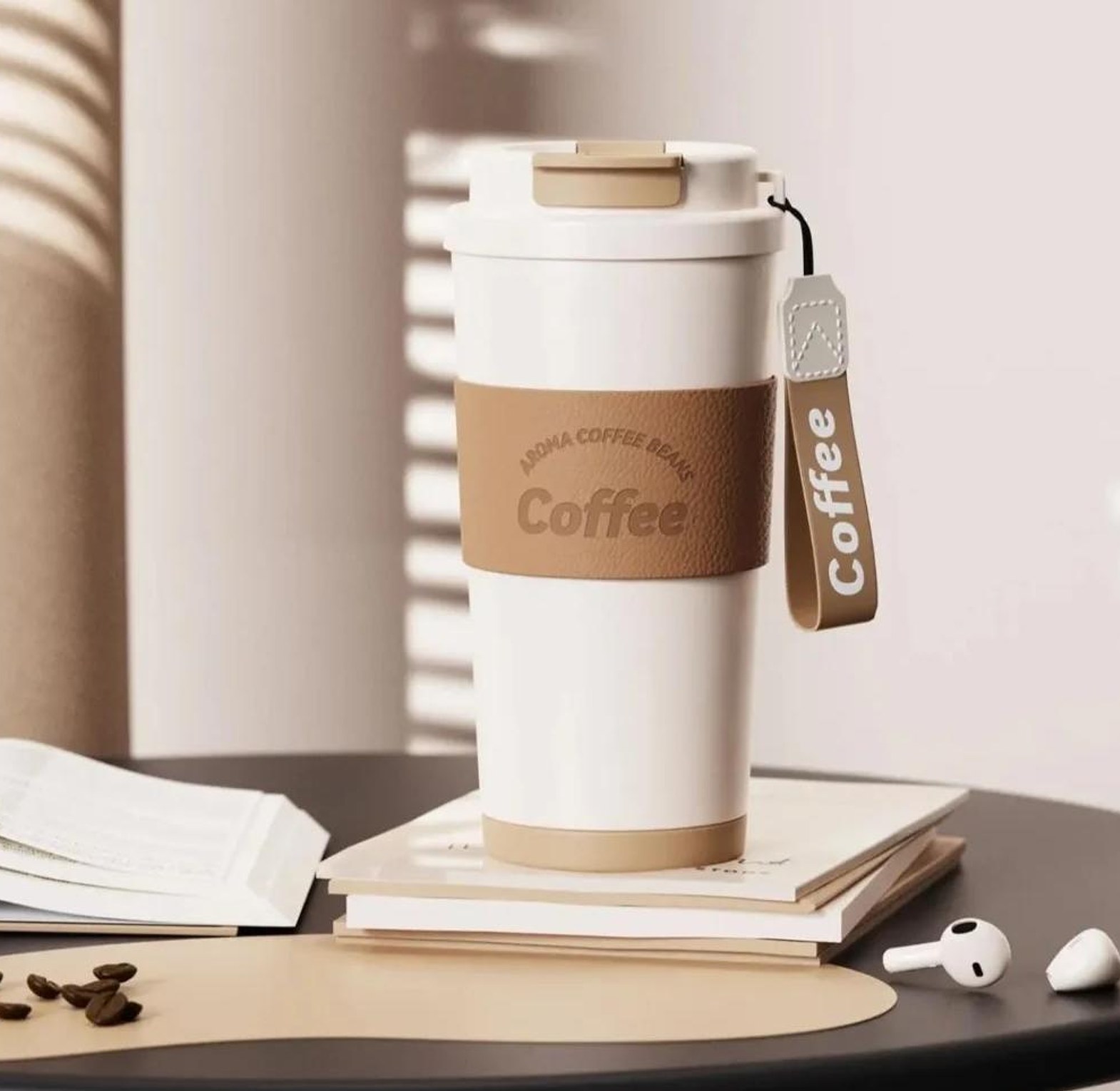 vacuum insulated stainless steel Coffee mug with a leather sleeve and a straw image